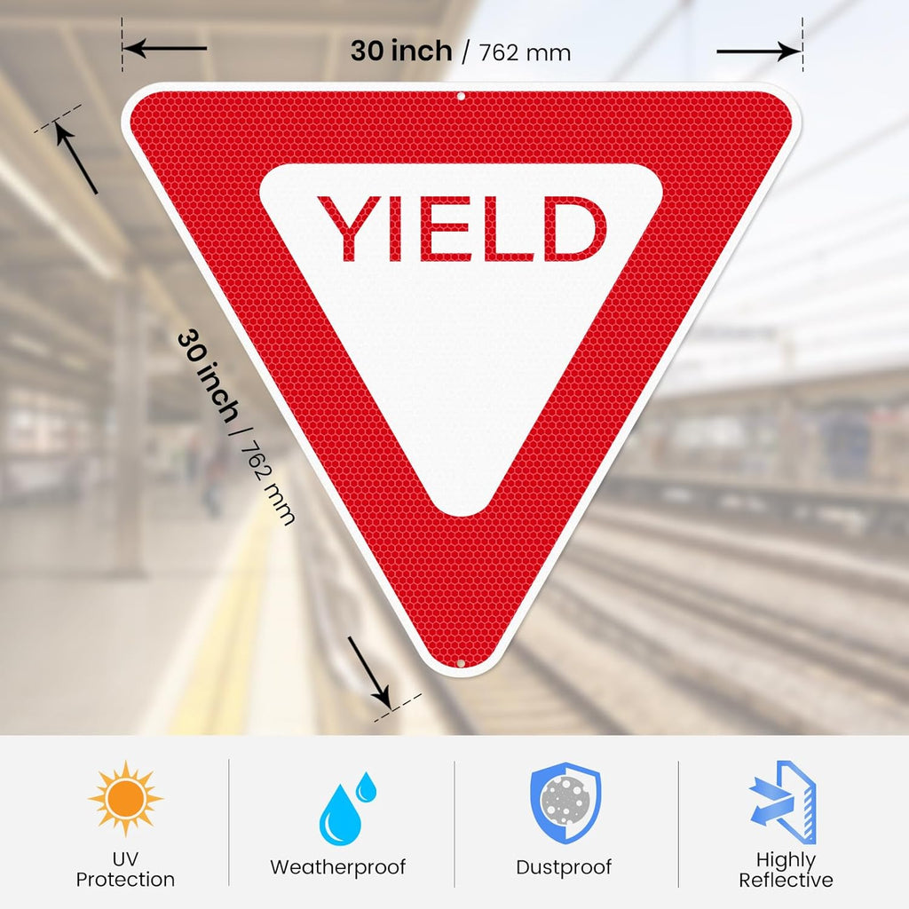 Yield Sign 30 × 30 Inch Engineer Grade Reflective Aluminum Waterproof Fade-Resistant Red Yield Safety Sign with Pre-Drilled Holes for Road Driveway Street