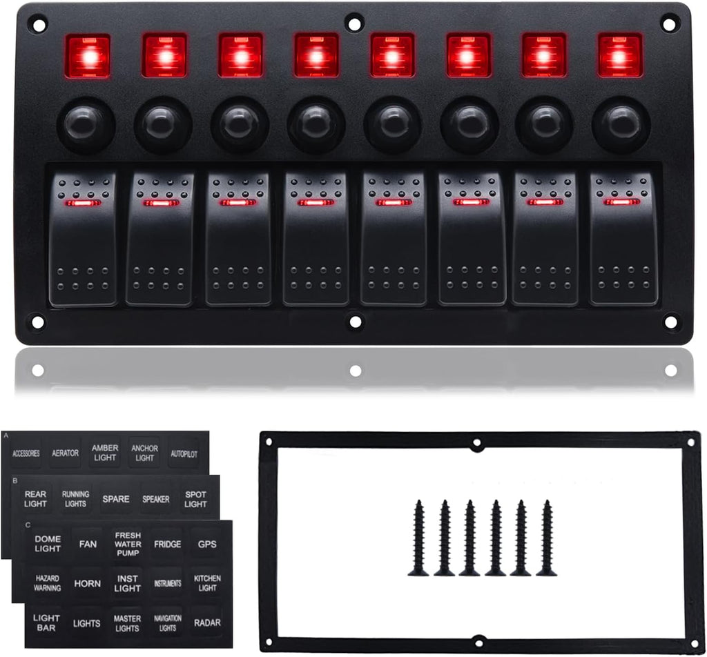 Geloo 8 Gang Marine Rocker Switch Panel, Boat Switch Panel Waterproof, 12V Switch Panel with Red LED Light, Aluminum Switch Panel for Car RV Truck with 5A 10A 15A Circuit Breaker