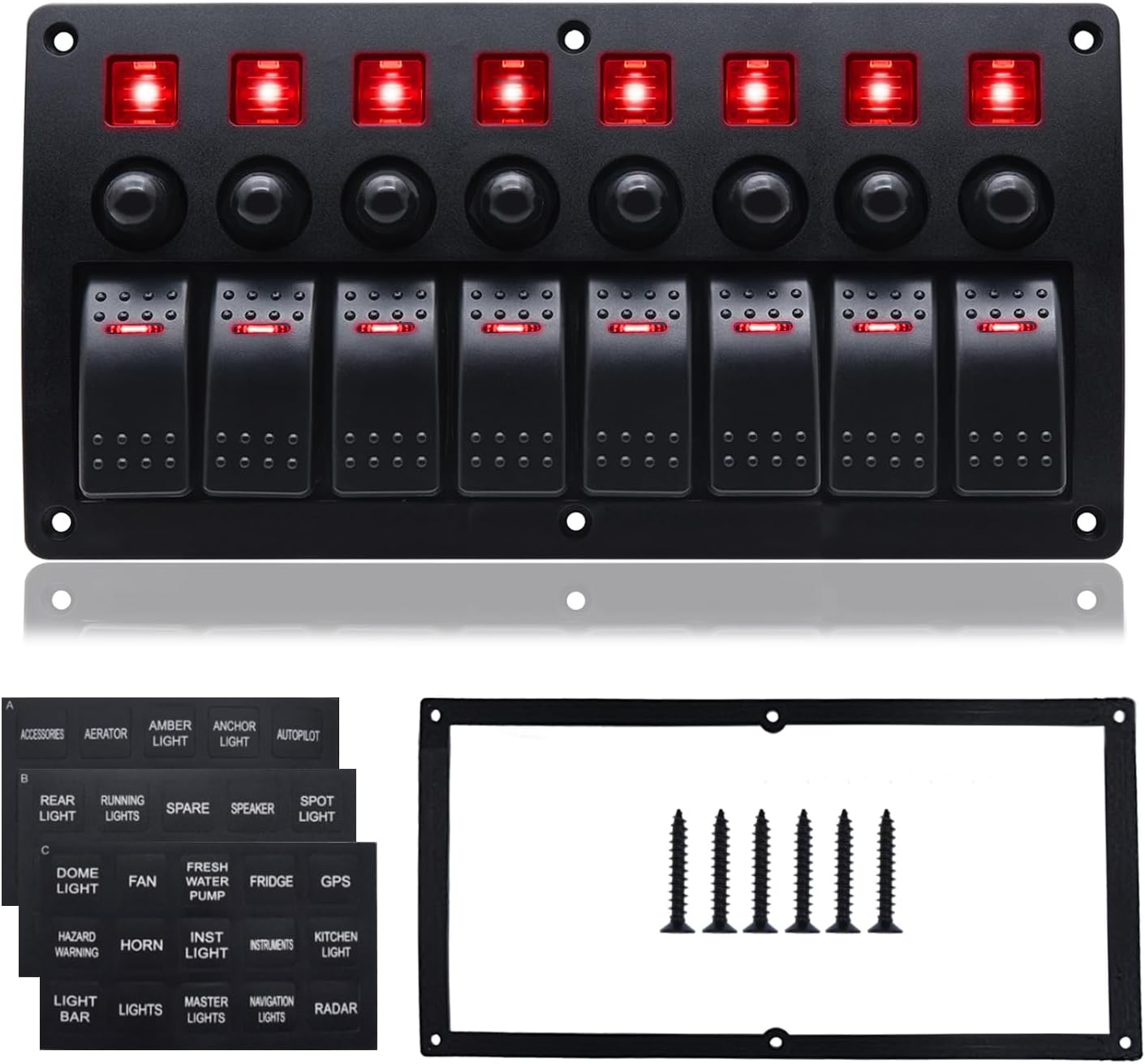 Geloo 8 Gang Marine Rocker Switch Panel, Boat Switch Panel Waterproof, 12V Switch Panel with Red LED Light, Aluminum Switch Panel for Car RV Truck with 5A 10A 15A Circuit Breaker
