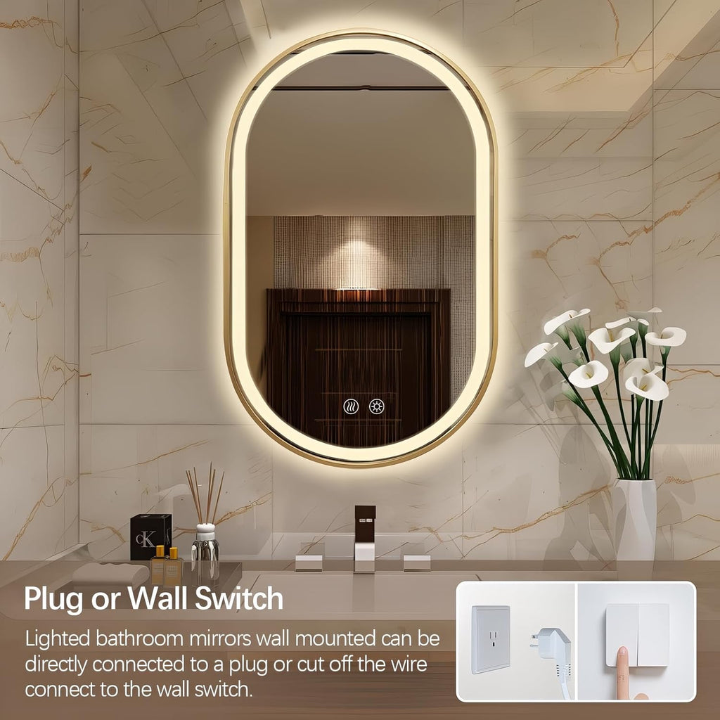 Niccy Oval LED Mirror for Bathroom, 32x20 Front Lit + Backlit Vanity Mirrors with Light Anti-Fog, Shatter-Proof, Makeup Mirror with Gold Frame (Horizontal/Vertical)