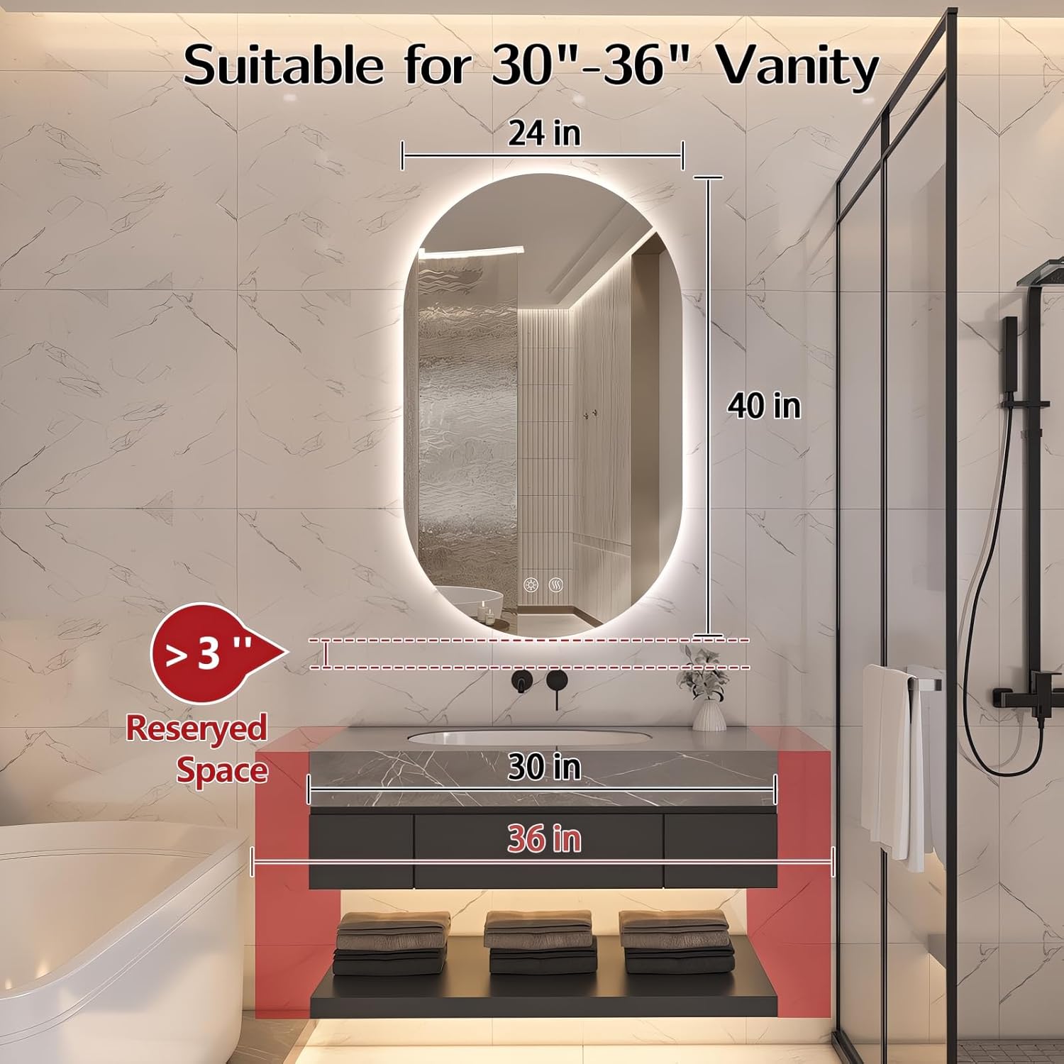 40" x 24" Oval LED Mirror for Bathroom, Backlit Vanity Mirror with Lights, Frameless Smart Wall Mirror, 3 Colors Stepless Dimmable, Anti-Fog, Shatterproof, Memory, CRI95+(Horizontal/Vertical)