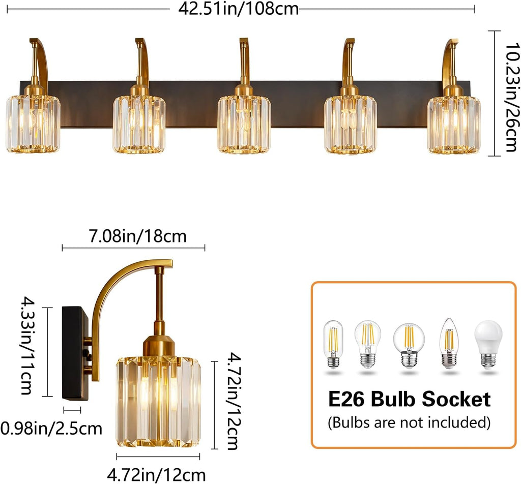 5-Light Crystal Vanity Light, Modern Black Gold Bathroom Wall Sconce with K9 Crystal Shades, 42.51" Long Over Mirror Lighting for Vanity, Makeup, Hallway, Elegant & Easy Installation