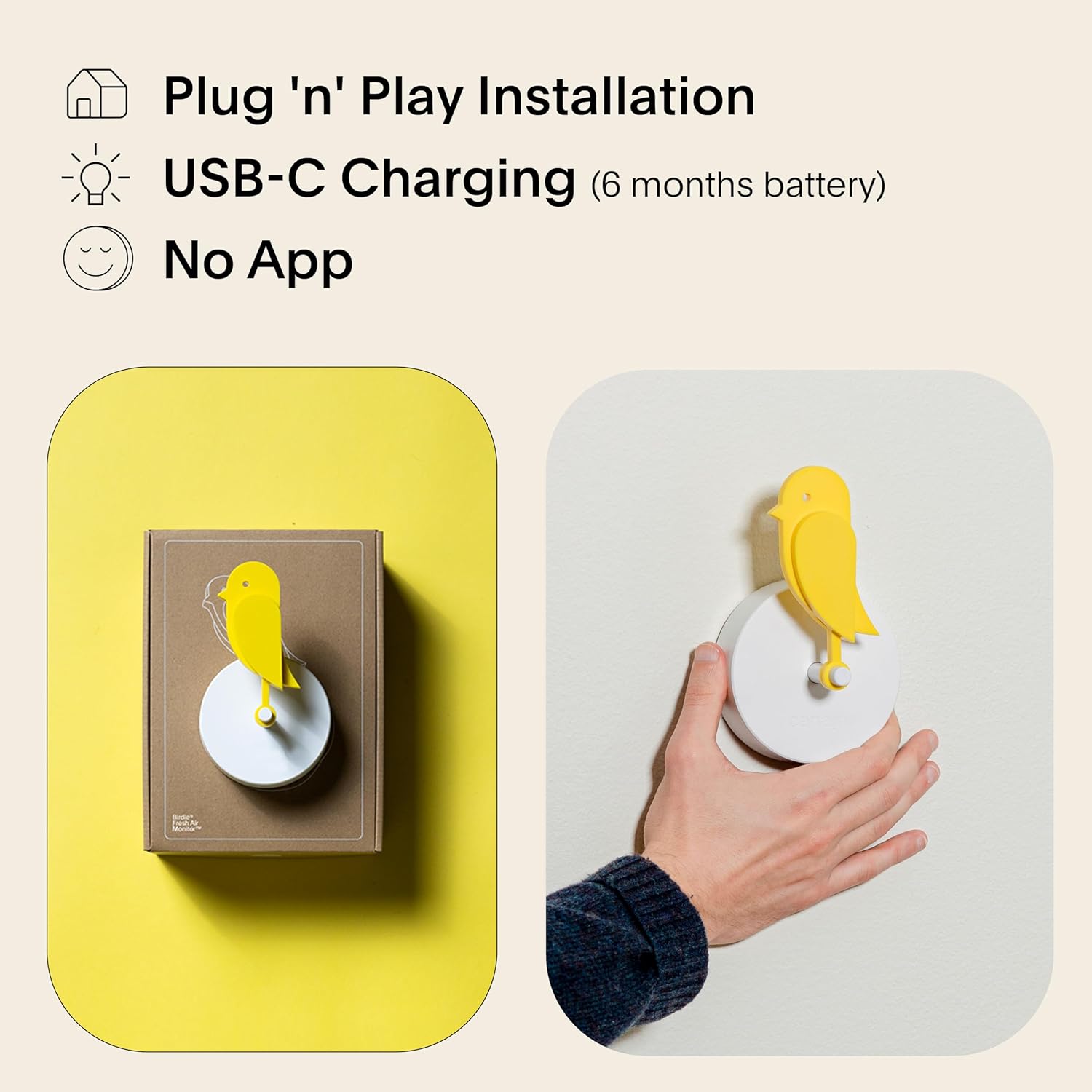 Birdie 2.0 - Design Indoor CO2 Monitor - Air Quality Meter for Home & Office - Promotes Mental & Physical Health - Modern Interior Decor - Reducing Health Risks with Clean Air (Yellow, FullBirdie)