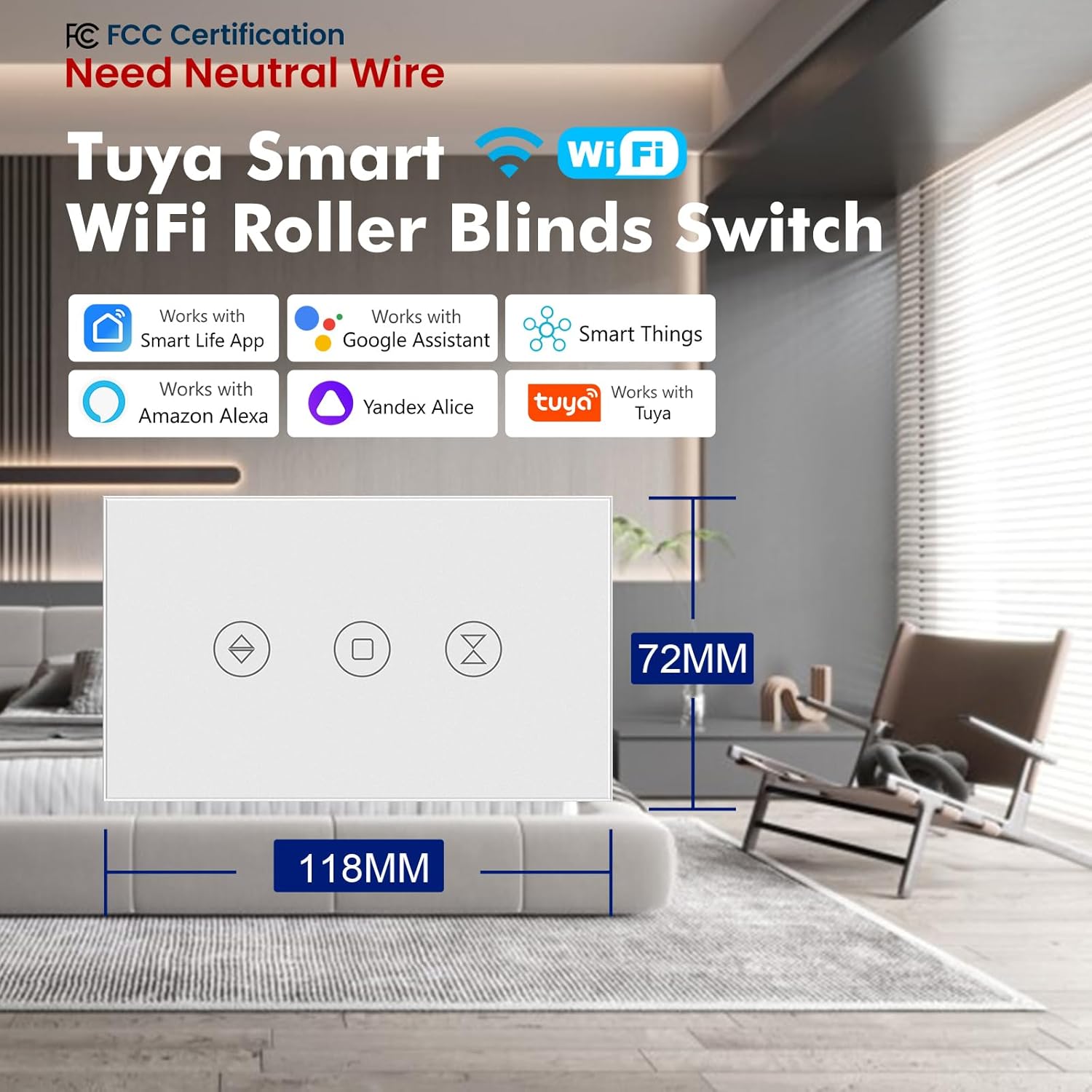 Smart Roller Shutter Switch 118X72X34MM Need Neutral Wire,2.4GHz WiFi Roller Shutter Switch, Tempered Glass Panel, Compatible with Alexa and Smart Life, White WiFi-Roller Shutter