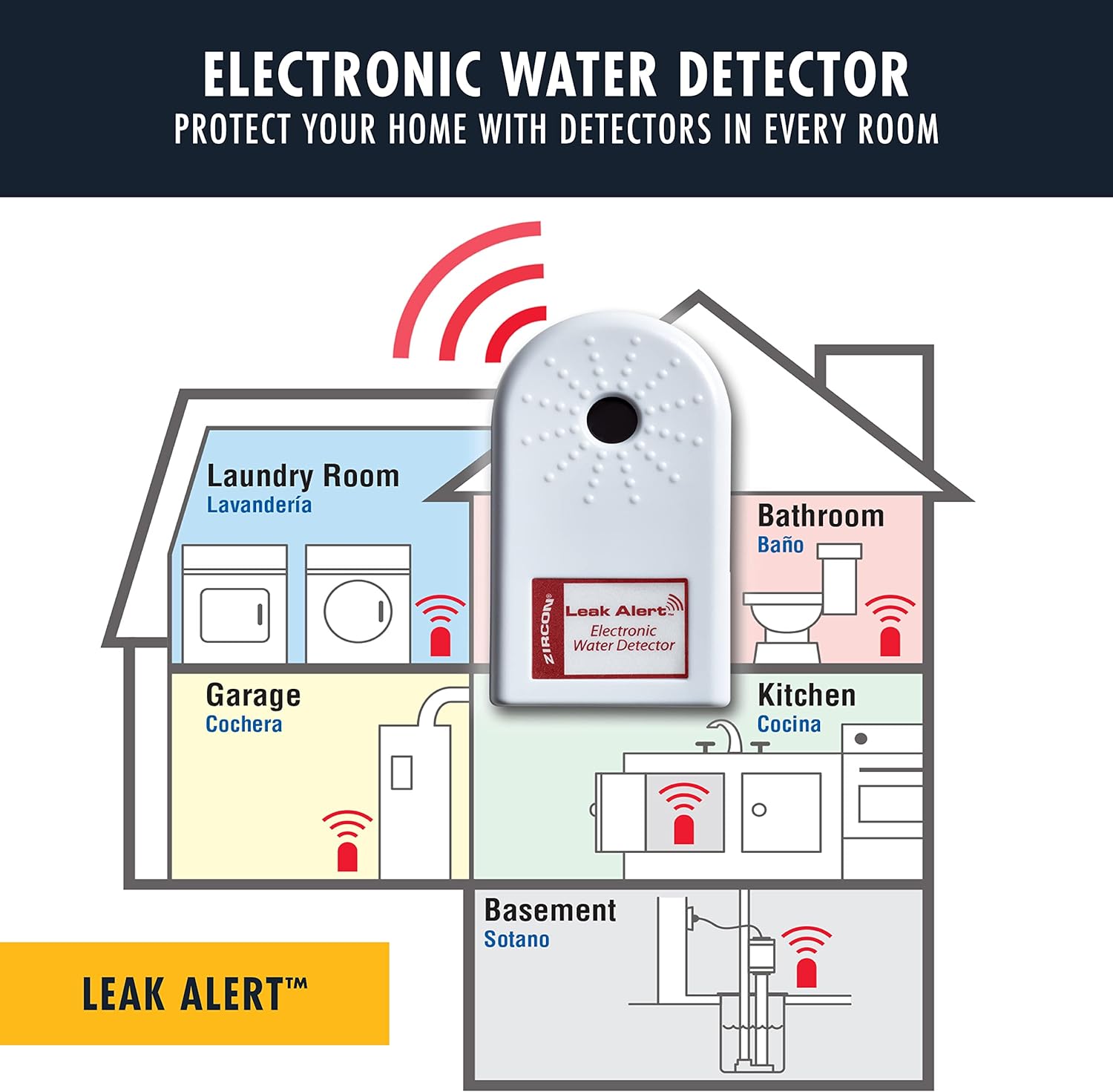 Zircon Leak Alert Electronic Water Leak Detector & Flood Sensor Alarm with 90dB Audio Dual Leak Alarms, 1 Pack,White