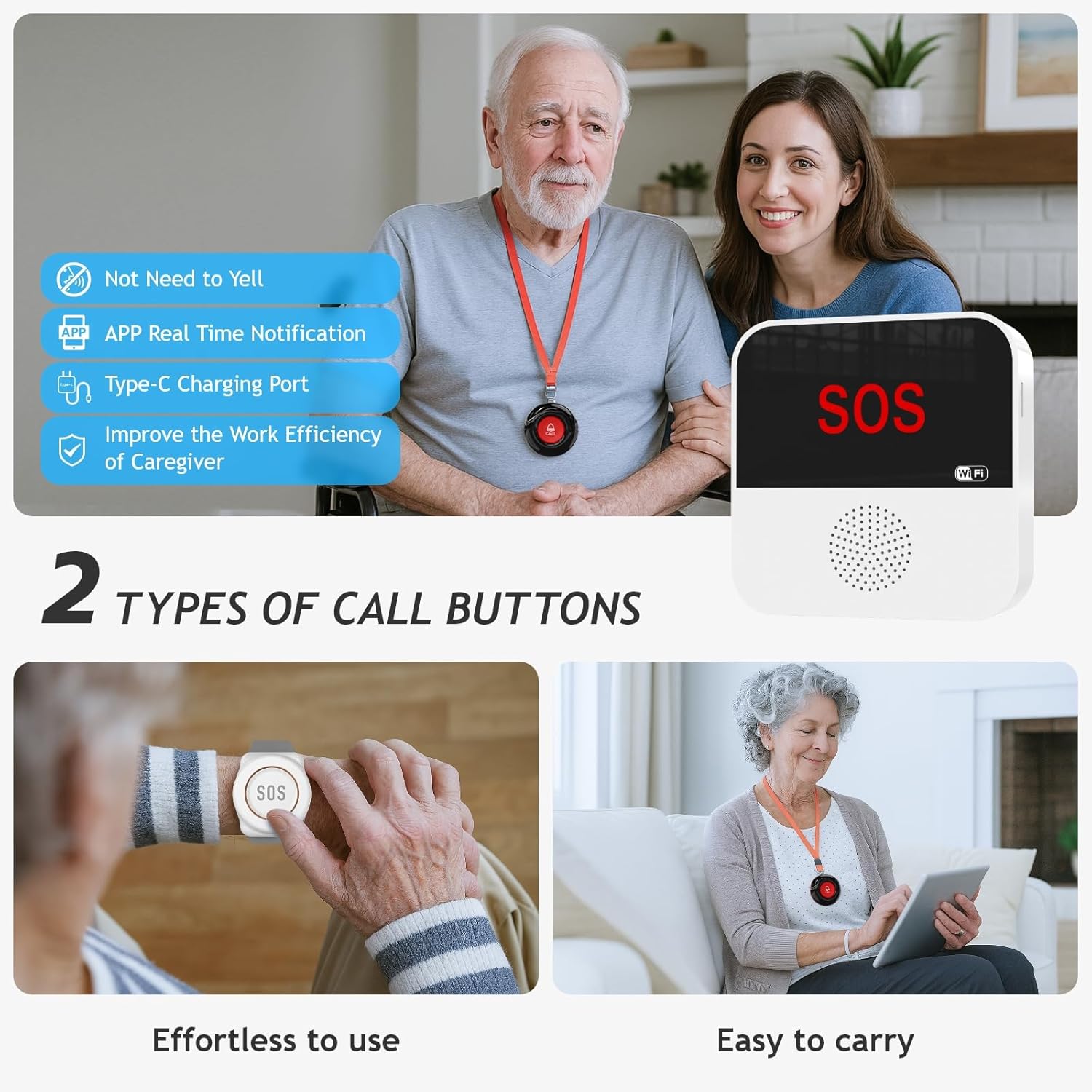 WiFi Caregiver Pager System Wireless Call Button Life Alert Systems Call Bell Fast Help Panic Button for Elderly Patient Seniors Disabled 2 Emergency Button 2 Receiver (only Supports 2.4GHz Wi-Fi)
