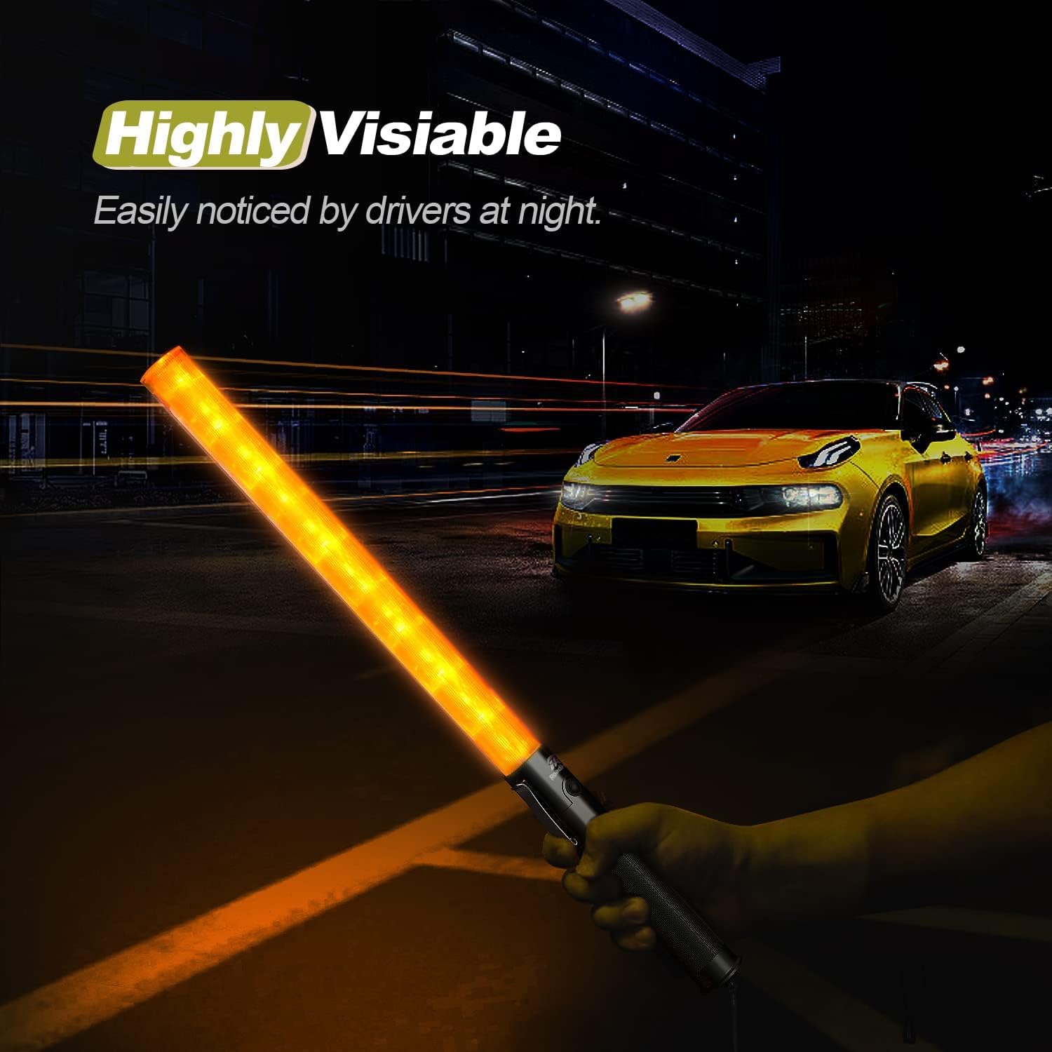 RoadHero 2 Pack 21 Inch Traffic Wand, Yellow Led Traffic Control Baton, Night Safety Light Wands with 2 Flashing Modes, Air Marshaling Signal Wand with Side Clip for Airport, Parking, Car Directing