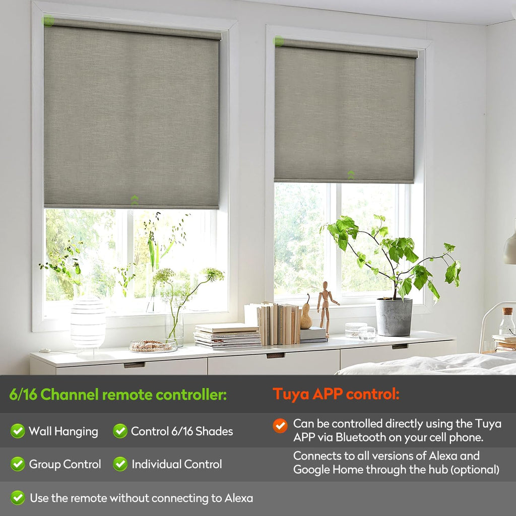 ZSTARR Motorized Light Filtering Roller Blinds with Remote Control,Rechargeable Smart Window Shades Compatible with Alexa Google via Hub,Fabric Wrapped Valance, Custom Size (Light Khaki)