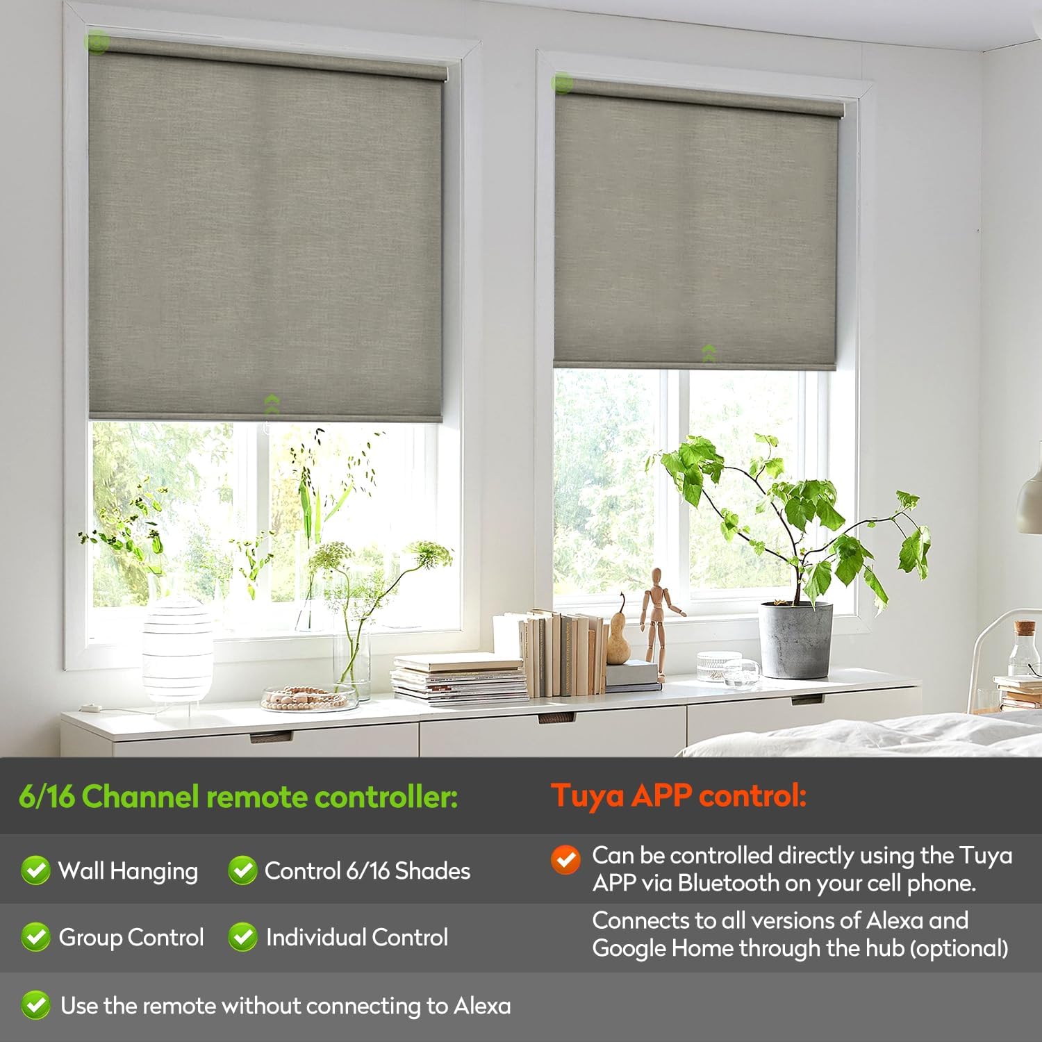ZSTARR Motorized Light Filtering Roller Blinds with Remote Control,Rechargeable Smart Window Shades Compatible with Alexa Google via Hub,Fabric Wrapped Valance, Custom Size (Light Khaki)