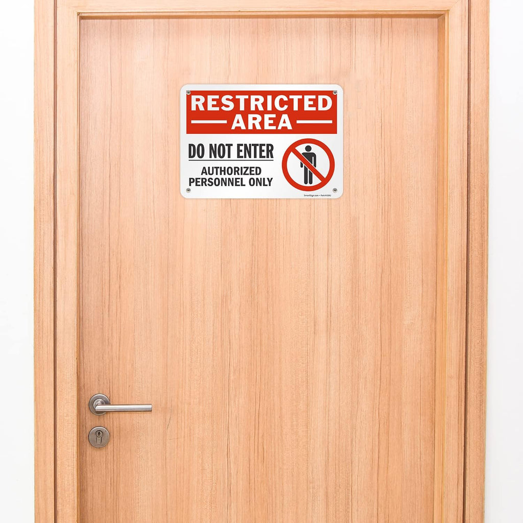 SmartSign (Pack of 4) 7 x 10 inch “Restricted Area - Do Not Enter, Authorized Personnel Only” Metal Sign with Symbol, 40 mil Laminated Rustproof Aluminum, Red, White and Black, Made in USA