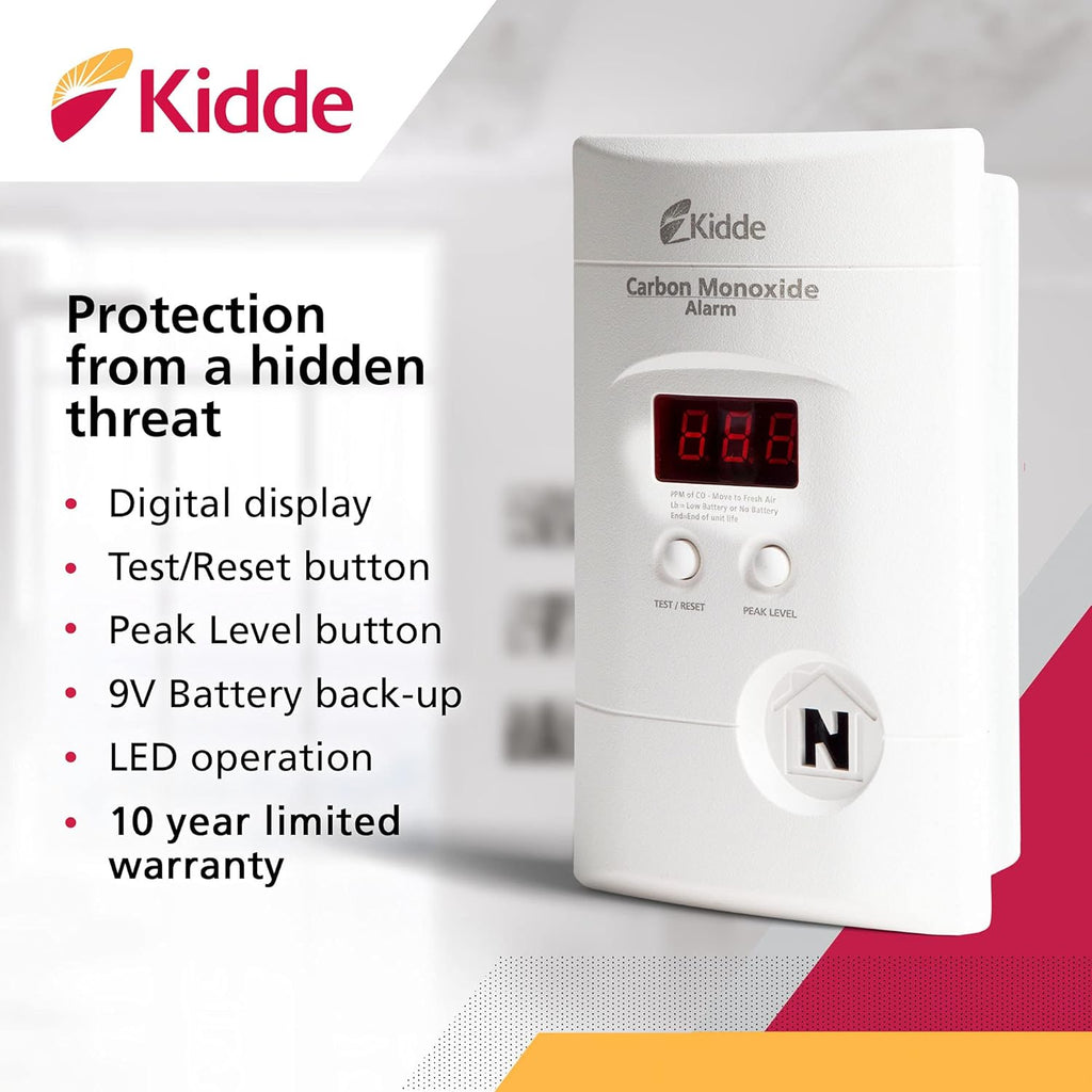 Kidde Carbon Monoxide Detector, Plug In Wall with 9-Volt Battery Backup, Digital LED Display