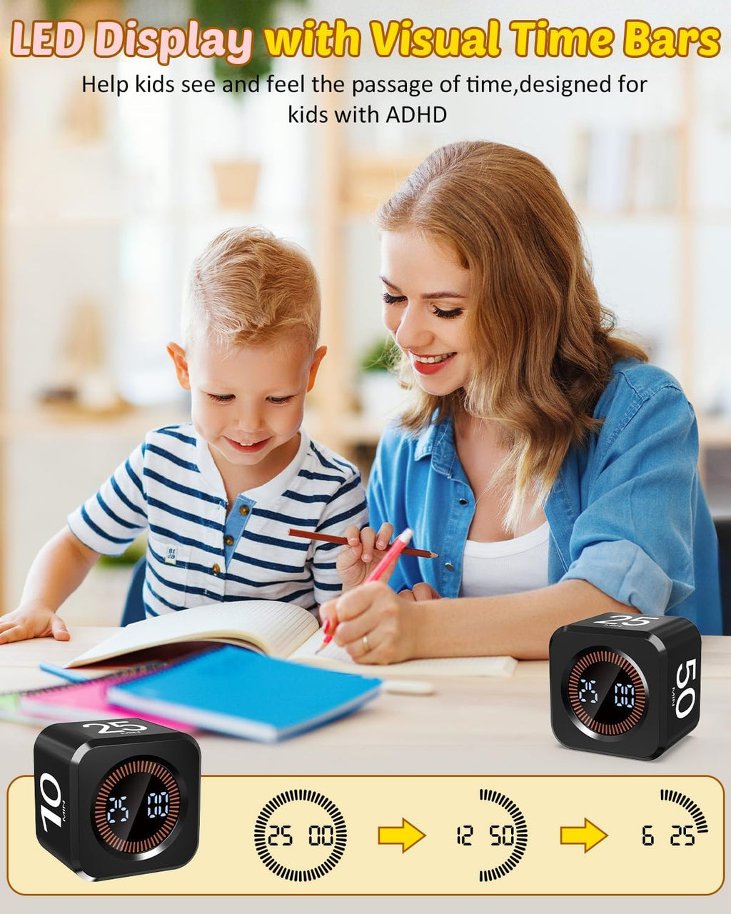 Pomodoro Timer Cube Visual Productivity Flip Timer for Kids Classroom Desk, 5/10/25/50min&Custom Countdown, Silent&Sound Mode Digital Cube for ADHD Study Work School Game Kitchen (Black)