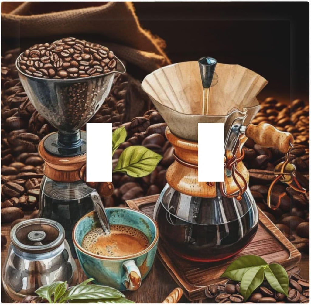 Decorative Light Switch Cover Plate Retro Coffee Maker Beans Cup 2 Gang Wall Plate Oversized Double Toggle Two Switch Wall Cover Plate Dual Device Faceplate