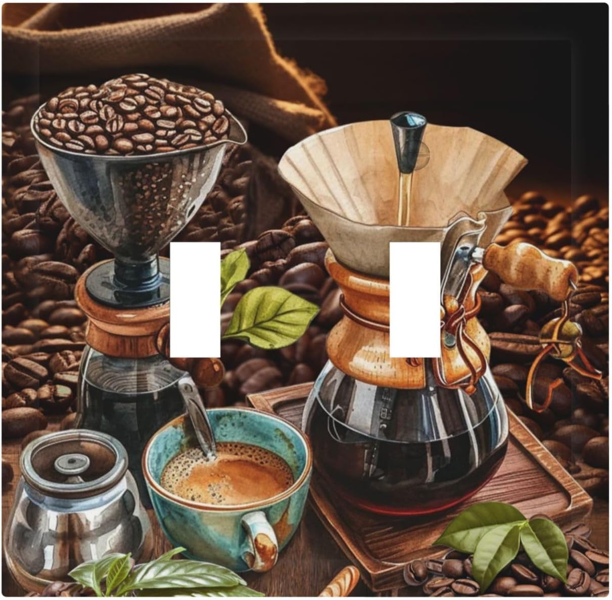 Decorative Light Switch Cover Plate Retro Coffee Maker Beans Cup 2 Gang Wall Plate Oversized Double Toggle Two Switch Wall Cover Plate Dual Device Faceplate