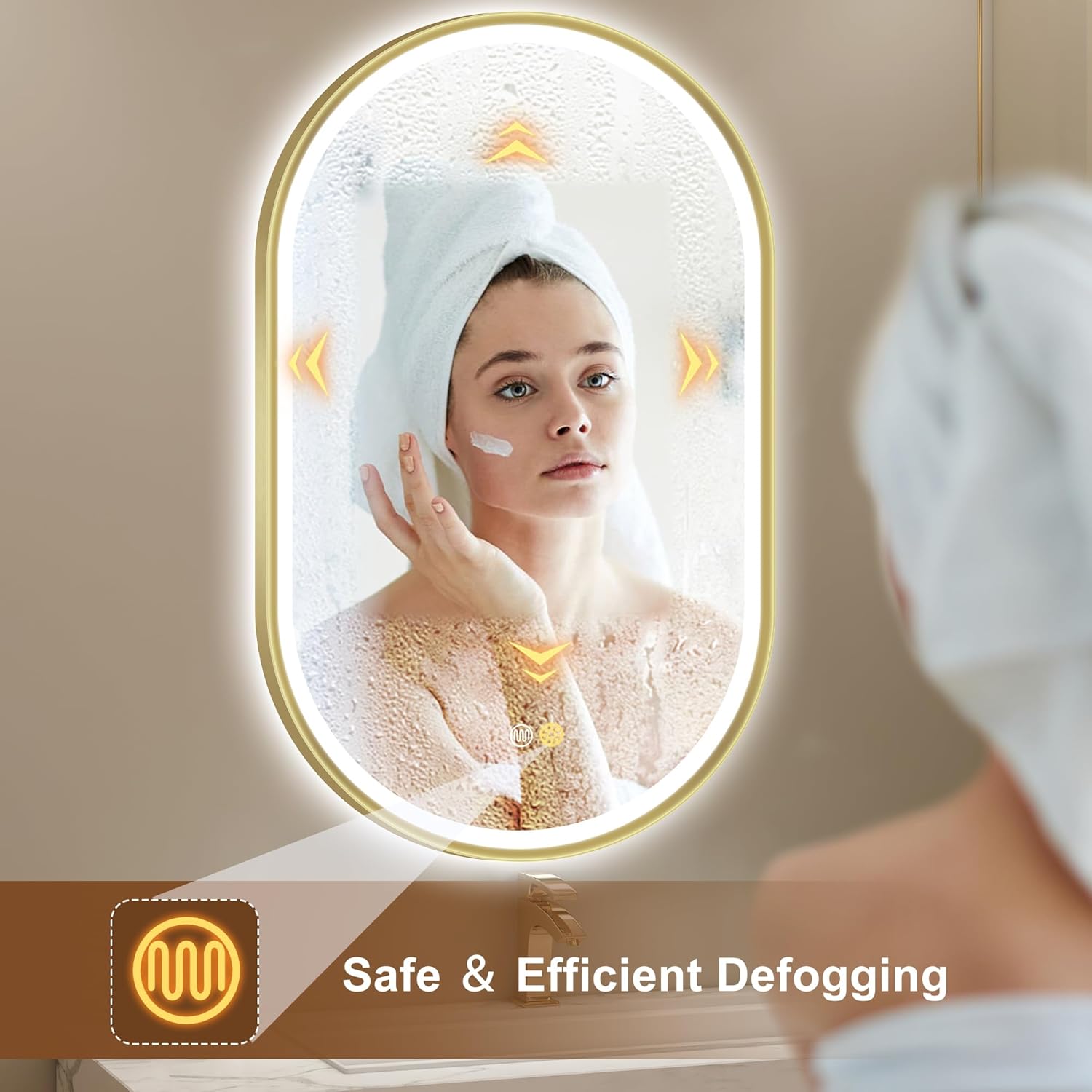 S'bagno Oval-Led-Bathroom-Mirror with Golden Frame Dimmable Brightness, Lghted-Bathroom-Mirror with Defogger, Touch-Buttons, Lights Color Changing, Vertical and Horizontal