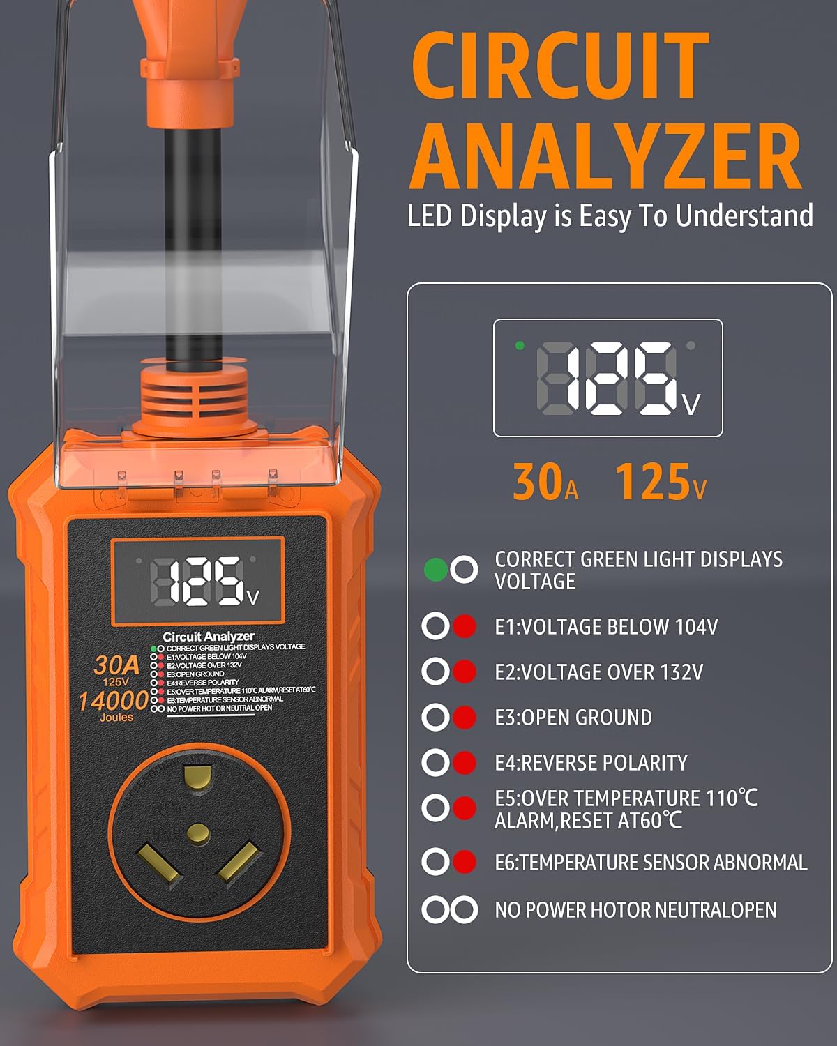 Rv Surge Protector 30 Amp with Smart LED Display, 14000J Circuit Analyzer Waterproof with Auto Shutoff & Reset for High/Low Voltage, 30 Amp Rv Surge Protector for Camper, Travel Trailer