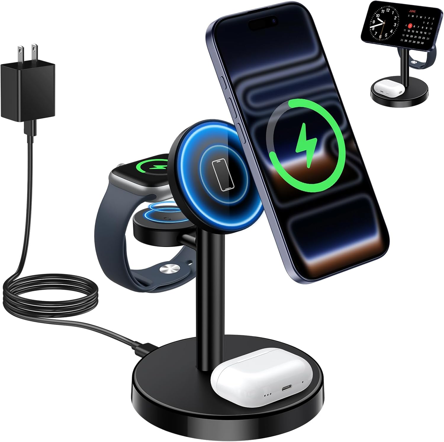 2025 3 in 1 Wireless Charging Station Compatible with MagSafe Charger Stand, 15W Fast Magnetic Mag-Safe Charger for iPhone 17 16 15 14 13 12 Series Apple iWatch AirPods Pro 4 3 2, Black