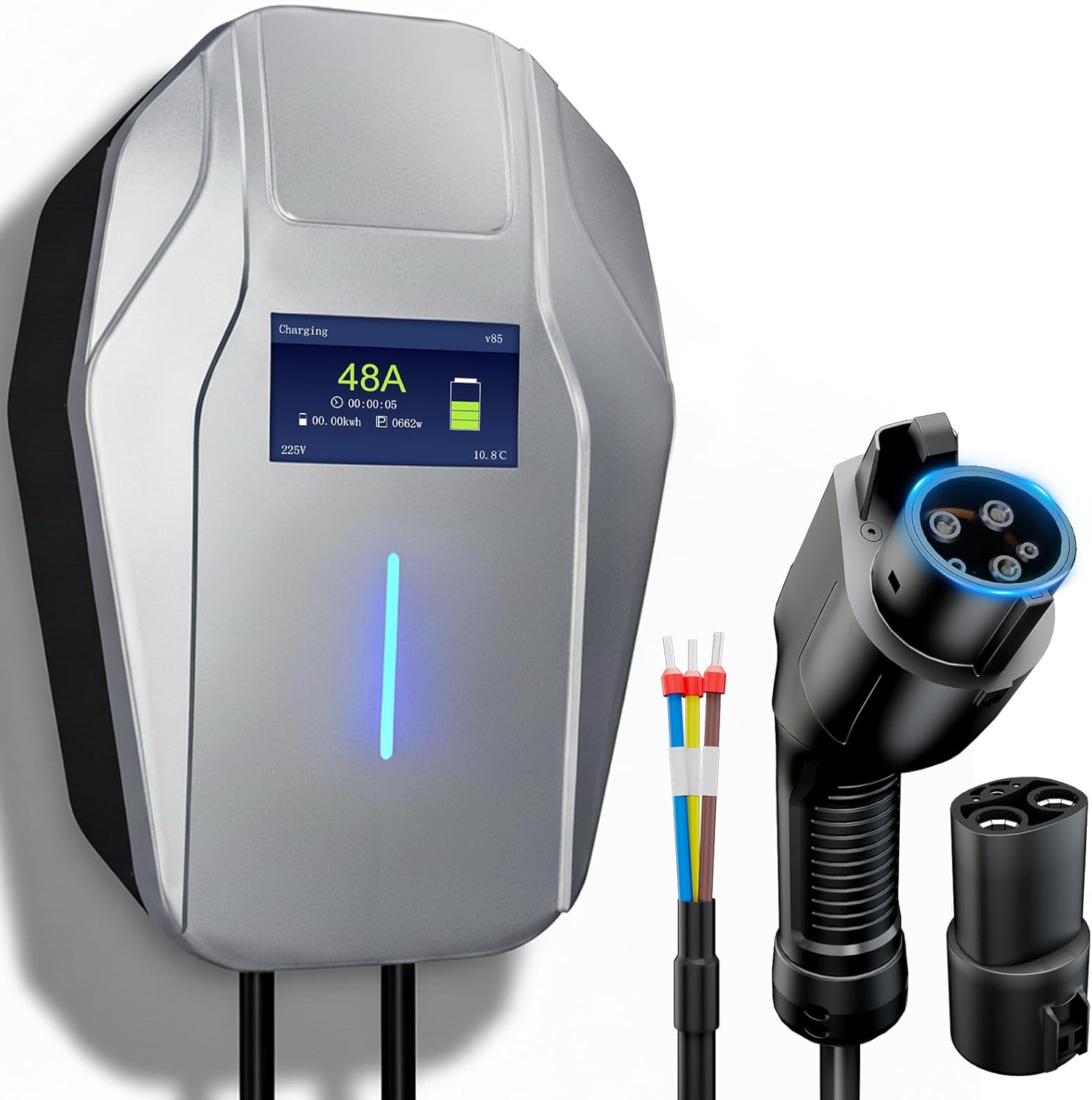Level 2 EV Charger, 240V 48Amp EV Charger Level 2 for Home with Hardwire, J1772 Connector & Tesla Adapter, 11.5KW Electric Vehicle Charging Station with Smart APP, 26FT Cable, 4.3'' LCD Display