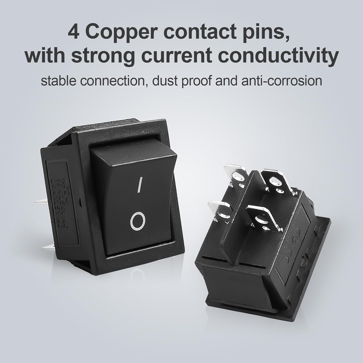 1Pcs Black KCD4 Boat Rocker Switch 2-Position 4-Pin DPST Panel Switch 16A 250VAC 20A 125VAC, with 6pcs FDFD2-250 Blue Terminals, CE