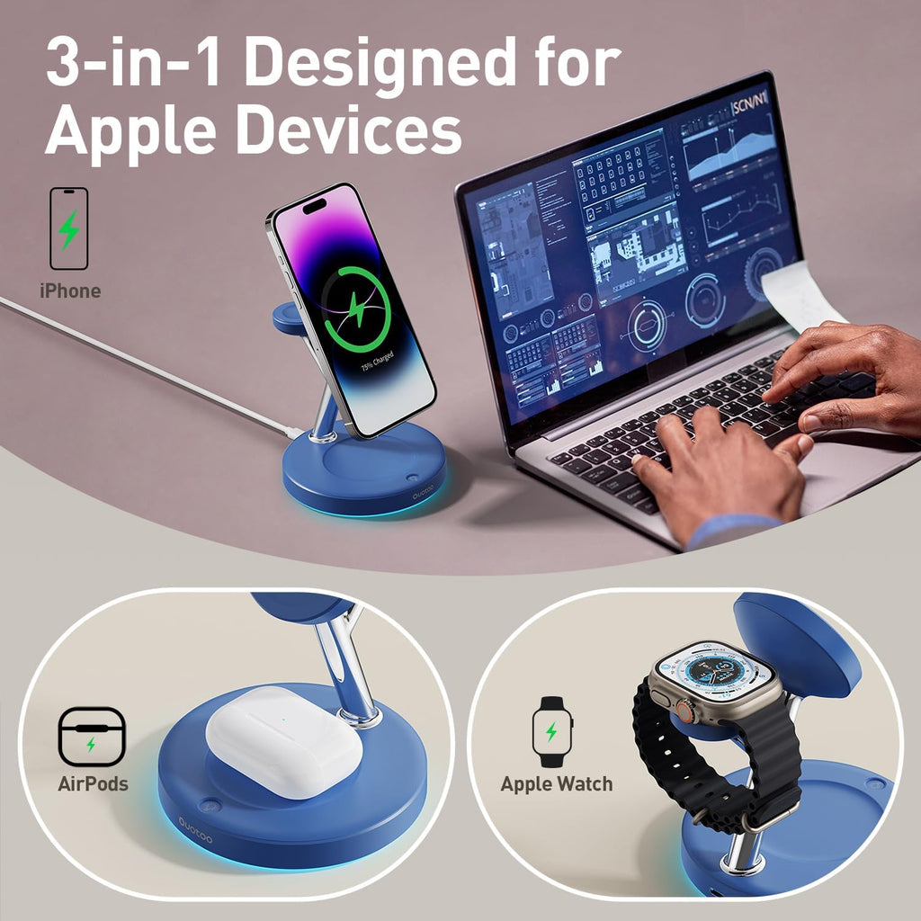 3 in 1 Charging Station Compatible with Mag-Safe Charger Wireless Charger Stand for iPhone 16 15 14 13 12 Series Wireless Charging Station for AirPods Wireless Charging Stand for iWatch Series (Blue)