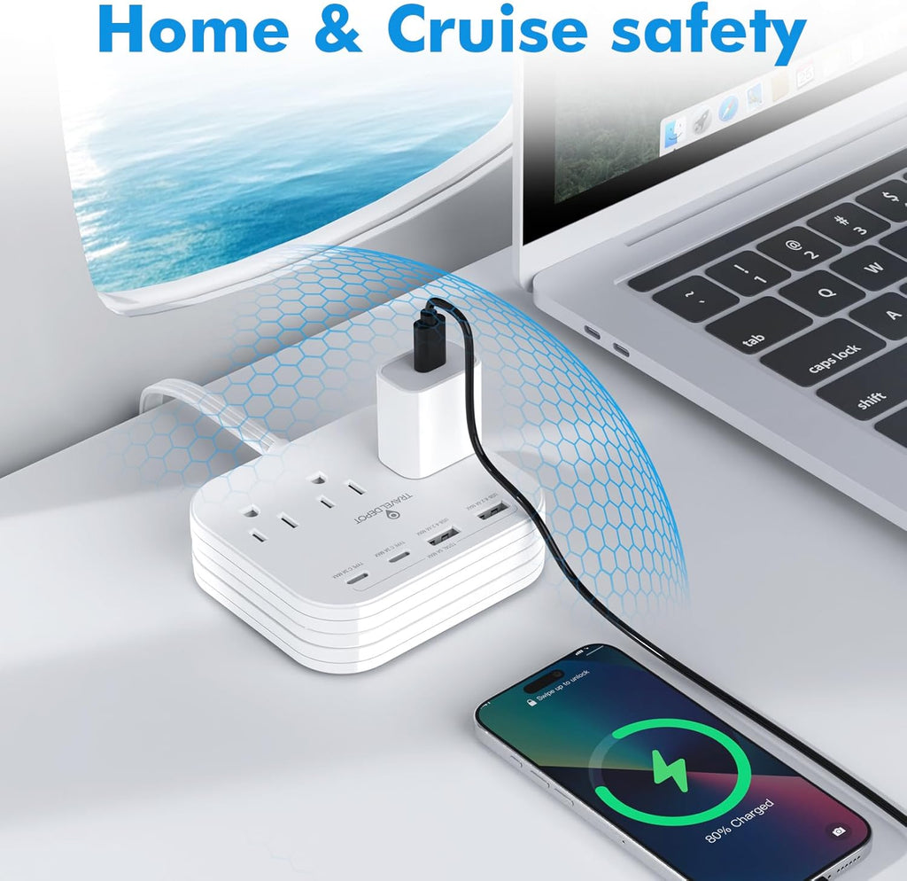 Cruise Essentials Flat Plug Power Strip, Durable 5 ft Extension Cord w/ 3 Outlets Extender & Built-In Type C Cable, 2 USB & 2 USB-C Ports, No Surge Protector for Cruise Travel, Dorm, Home