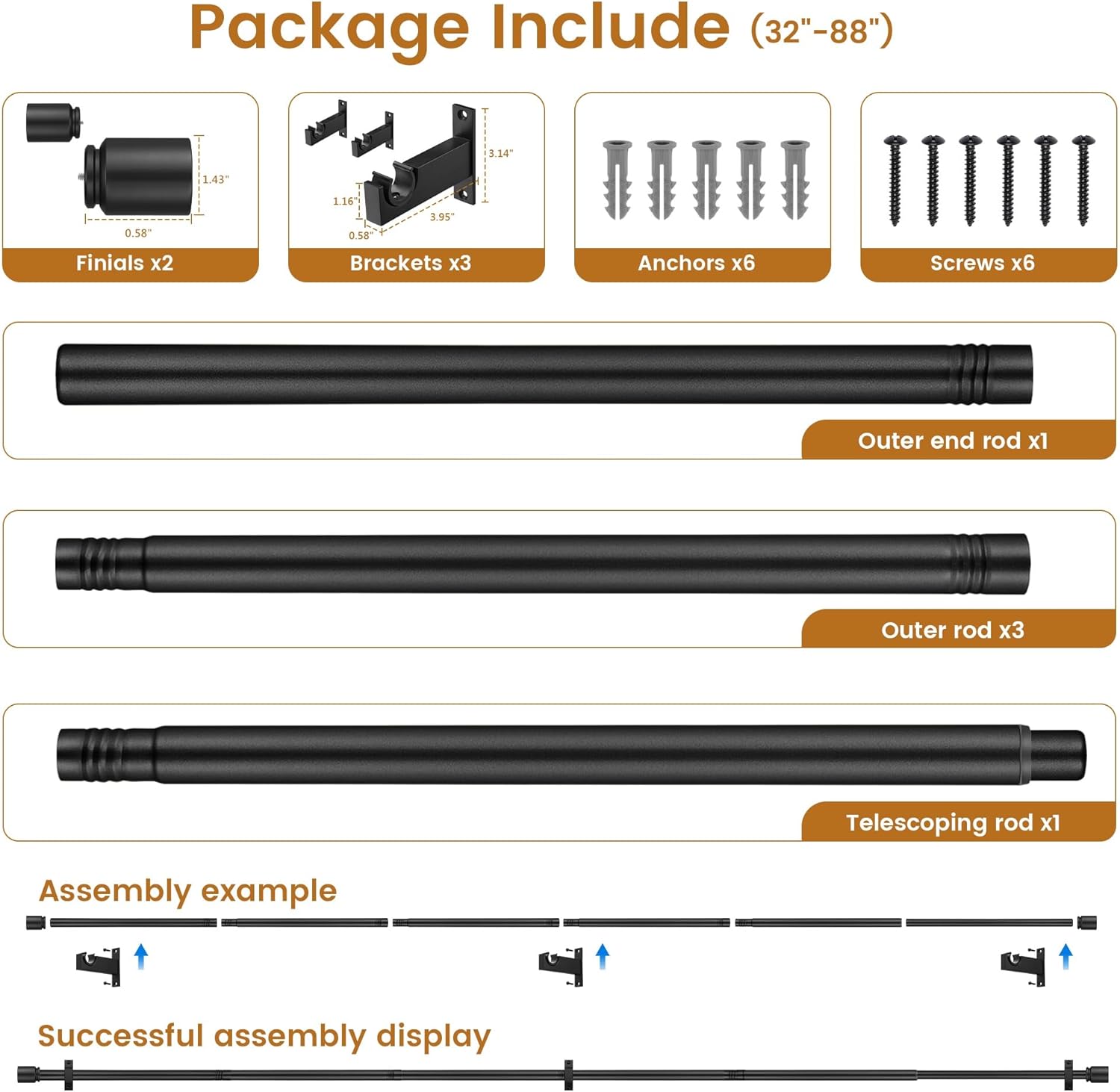 Black Aluminium Curtain Rods for Windows,1 Inch Adjustable Curtain Rod 48-84,Heavy Duty Drapery Rods with Thicken Bracket,Decorative Modern Single Rod with Aluminium Finials