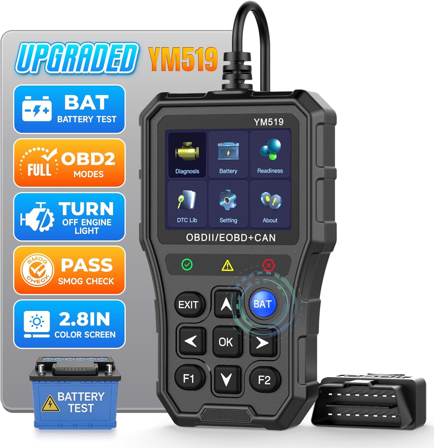 Enhanced Universal OBD2 Scanner with Battery Tester - Car Engine Fault Code Reader CAN Diagnostic Scan Tool, Read and Clear Error Codes for 1996 or Newer OBD2 Protocol, Plug & Play