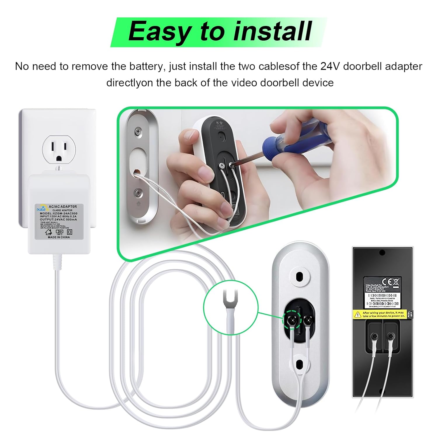 24 Volt Doorbell Transformer Power Supply for Ring Video Doorbell,C Wire Adapter,Compatible with Ring,Google Nest,WYZE, Eufy,Blink Video Doorbells(with Mounting Tool)