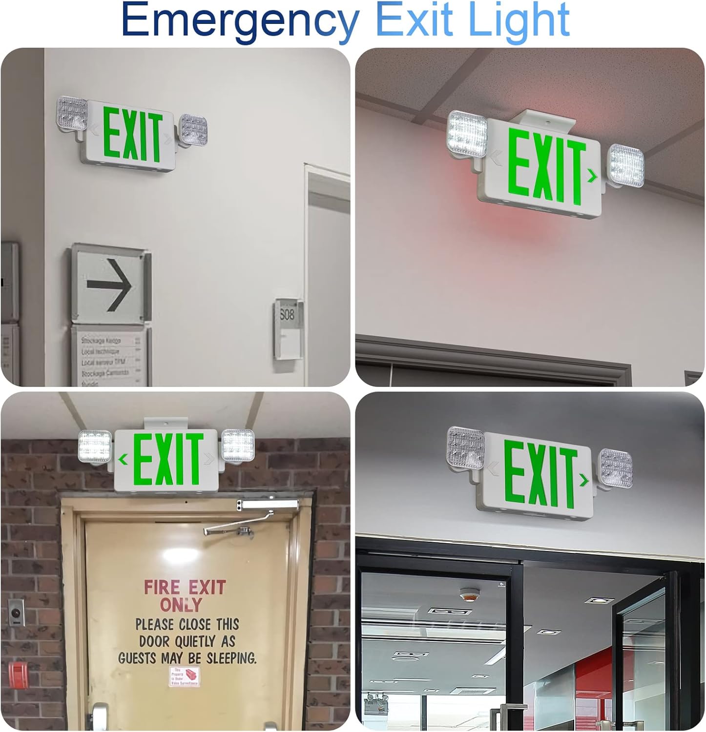 TANLUX Green Exit Sign with Emergency Lights, LED Exit Light - Battery Backup, UL Listed, AC 120/277V - Corded Commercial Emergency Light Combo