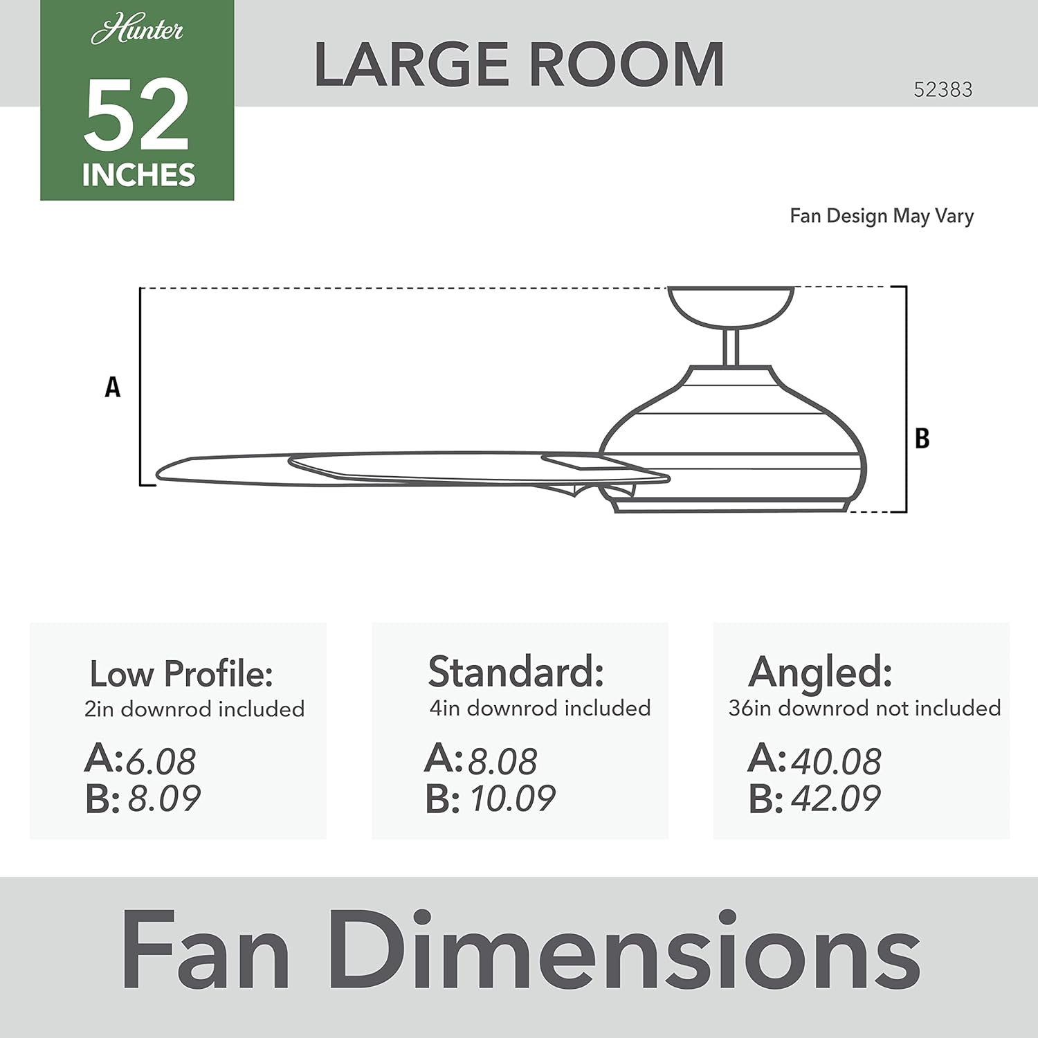 Hunter 52 inch Indoor Ceiling Fan No Light - Modern Ceiling Fan without Light, 3 Blades, Standard Mount, For Bedroom, Living Room, or Kitchen, Wall Control - Presto 52383, Dove Grey