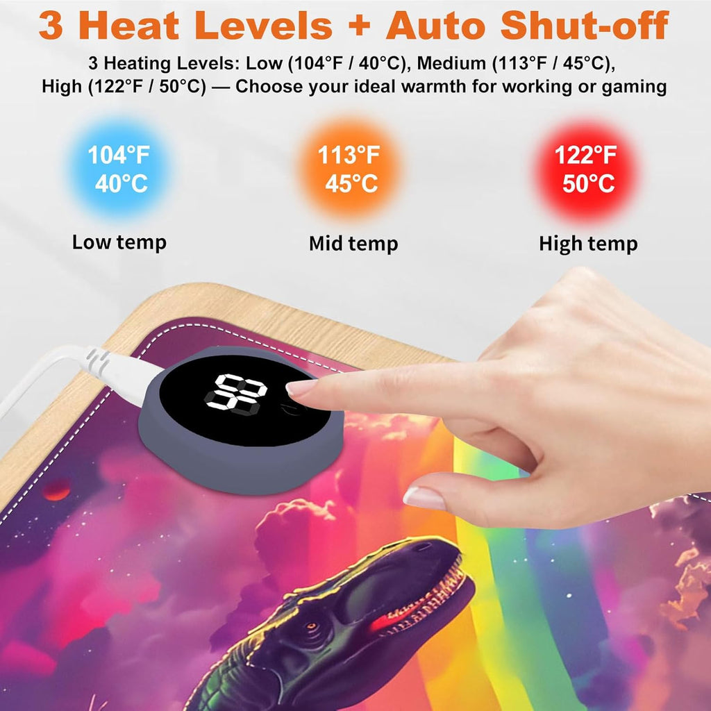 Small Heated Desk Pad 23.6" x 14.2" – Compact Electric Mouse Pad with 3 Heating Levels, Auto Shut-Off, Waterproof PU Surface, Plug-in Warmer for Office or Home Use, Astronaut on Dinosaur
