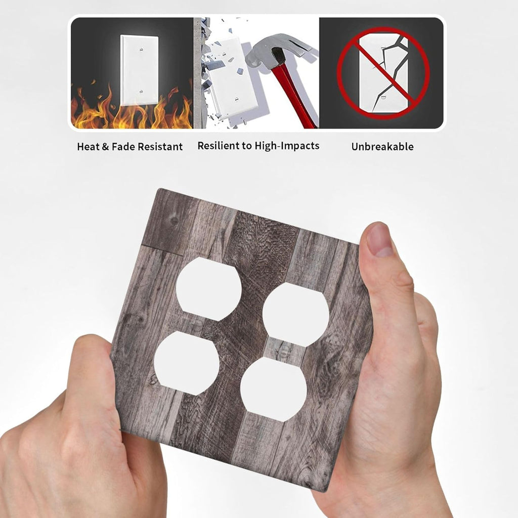 Outlet Covers Rustic Dark Grey Wood Retro Country Wooden 2 Gang Double Duplex Decorative Light Switch Covers Electrical Wallplates Socket Faceplate for Farmhouse Cabin Decor