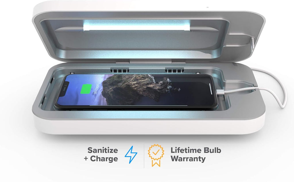 PhoneSoap 3 UV Cell Phone Sanitizer & Dual Universal Cell Phone Charger Box | Patented & Clinically Proven 360-Degree UV-C Light Sanitizer | Disinfects and Charges All Phones (White)