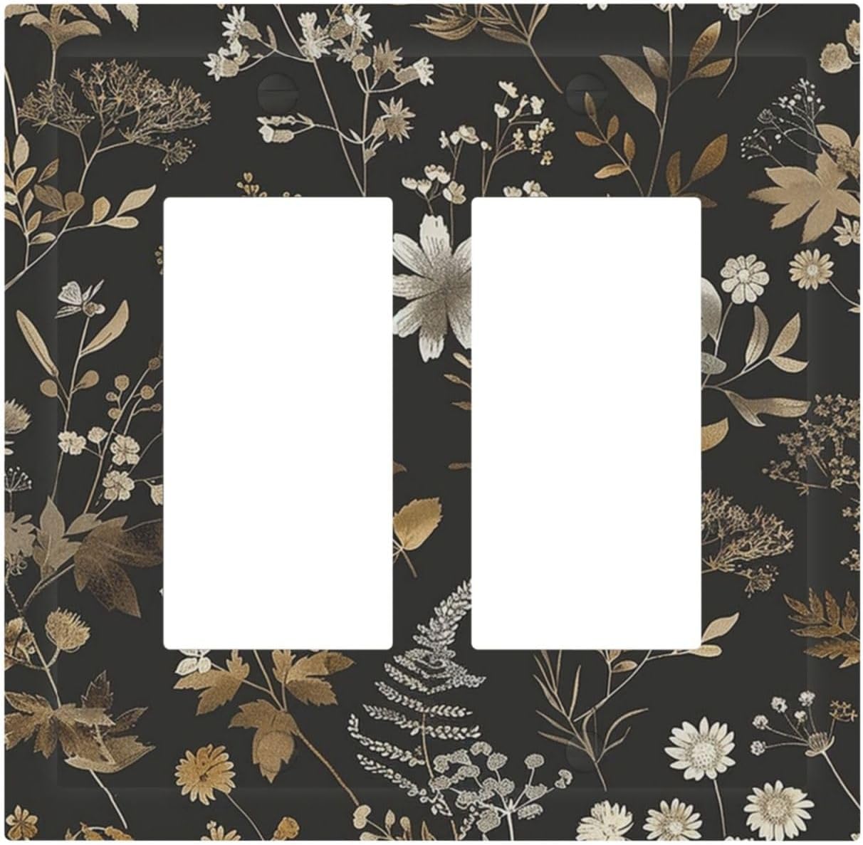 Decorative Outlet Covers Black Gold Floral Dark Leaves Vintage Flowers 2 Gang Double GFCI Rocker Electrical Wall Panels Light Switch Cover Plate for Bed Room Home Decor