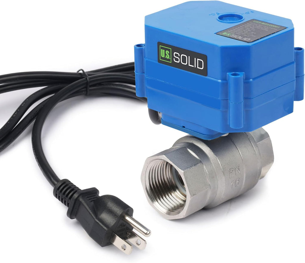 U.S. Solid 1" NPT 2-Way Motorized Ball Valve with US Plug 110VAC 304 Stainless Steel Electrical Ball Valve, Auto Return, Normally Closed, IP65, NSF Certified