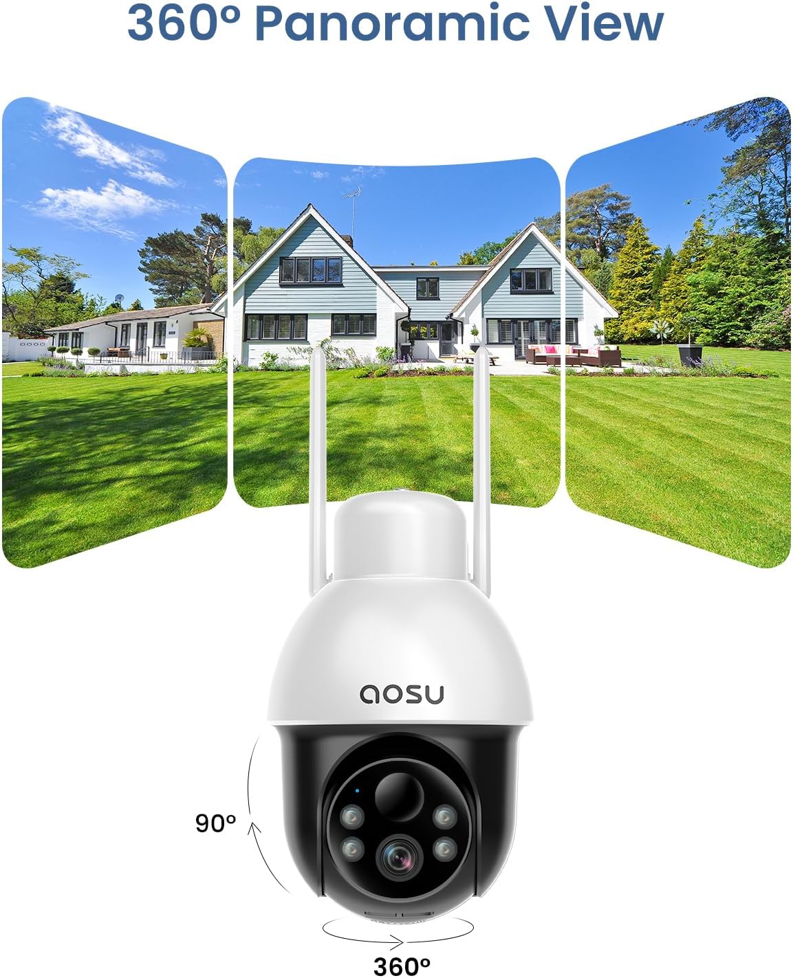 aosu Solar Security Camera Wireless Outdoor with Panoramic PTZ, Human Auto Tracking, 2K Night Vision, Light and Sound Alarm, 2-Way Audio, Works with Alexa/Google Assistant for Home Surveillance