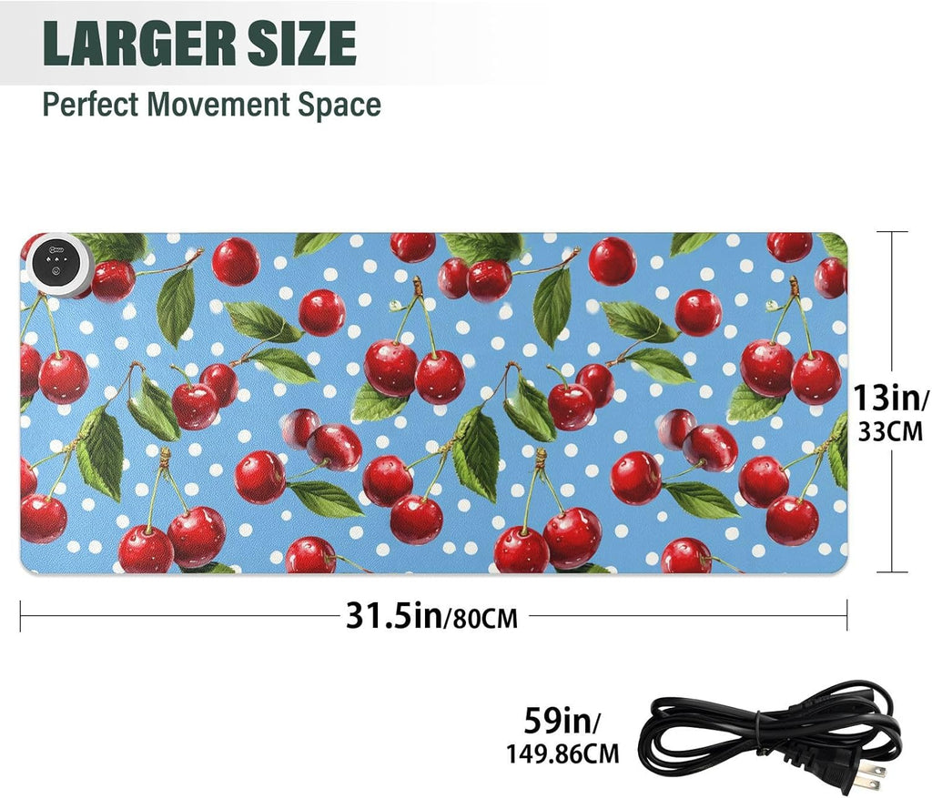 Heated Desk Pad Mouse Pad 31.5x13 Inch PU Leather Desk Mat with 3 Heat Levels Large Mouse Gaming Computer Laptop Mat Blue Dots Red Cherry