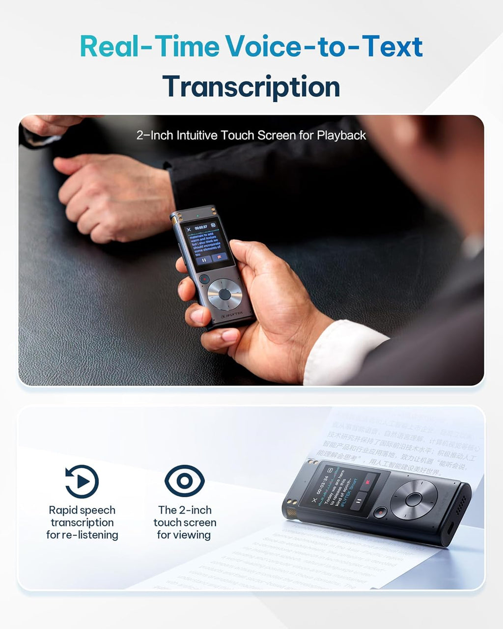 iFLYTEK Offline Voice Recorder with Playback, Secure Digital Recorder with AI Transcription, 5-Language Voice-to-Text, Noise Reduction, AI Voice Recorder for Meetings, Interviews, Learning