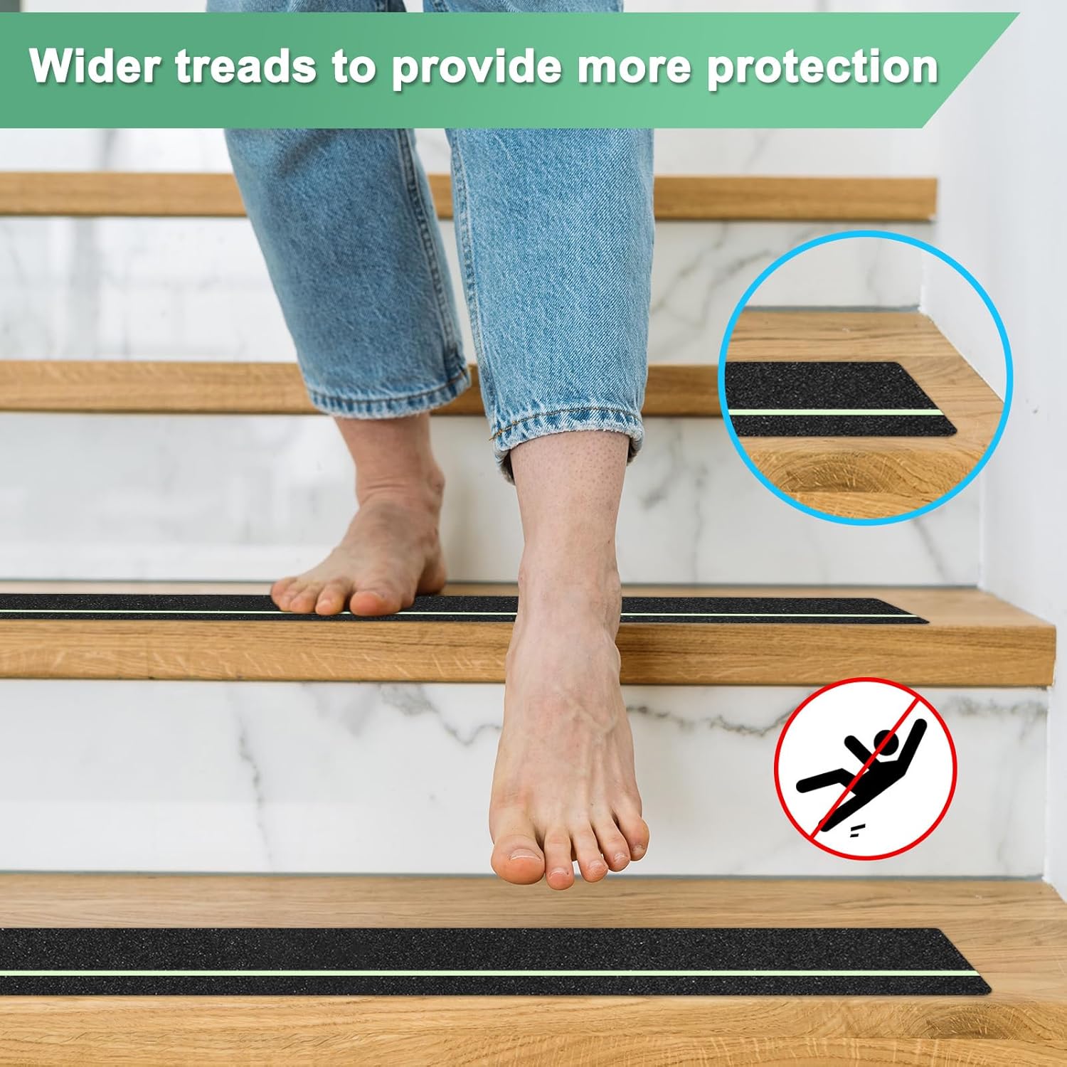 5-Pack Anti Slip Traction Tape 30" x 4" Best Grip Tape Grit with 6mm/0.24" Glow in Dark Stripe High Traction Friction Abrasive Adhesive for Indoor/Outdoor Stairs[Black+Green]