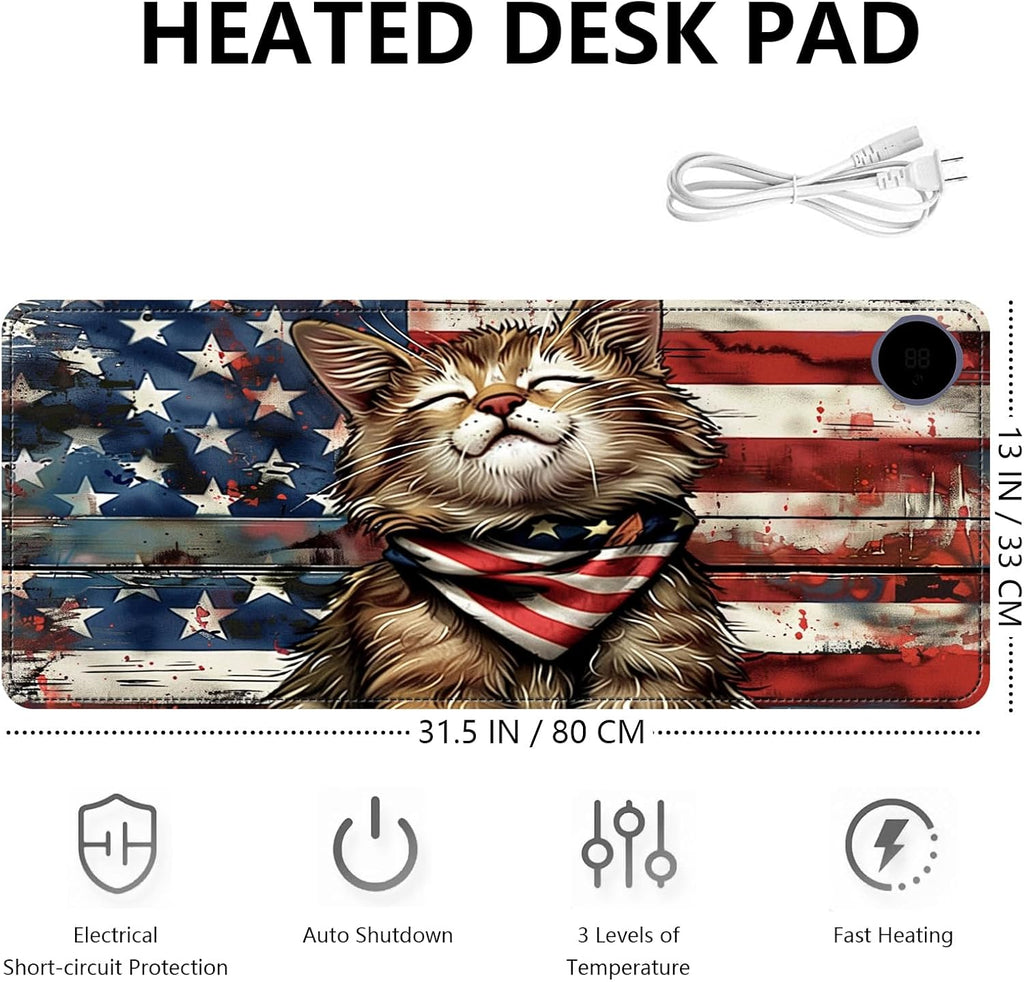 Heated Mouse Pad with 3 Levels Heated & 3 Hours Auto Shut-Off Mouse Pad for Warming Hands in Office Home, 31.5" x 13"Large Safe Desk Mat Hand Warmer，Flag Cute Cat