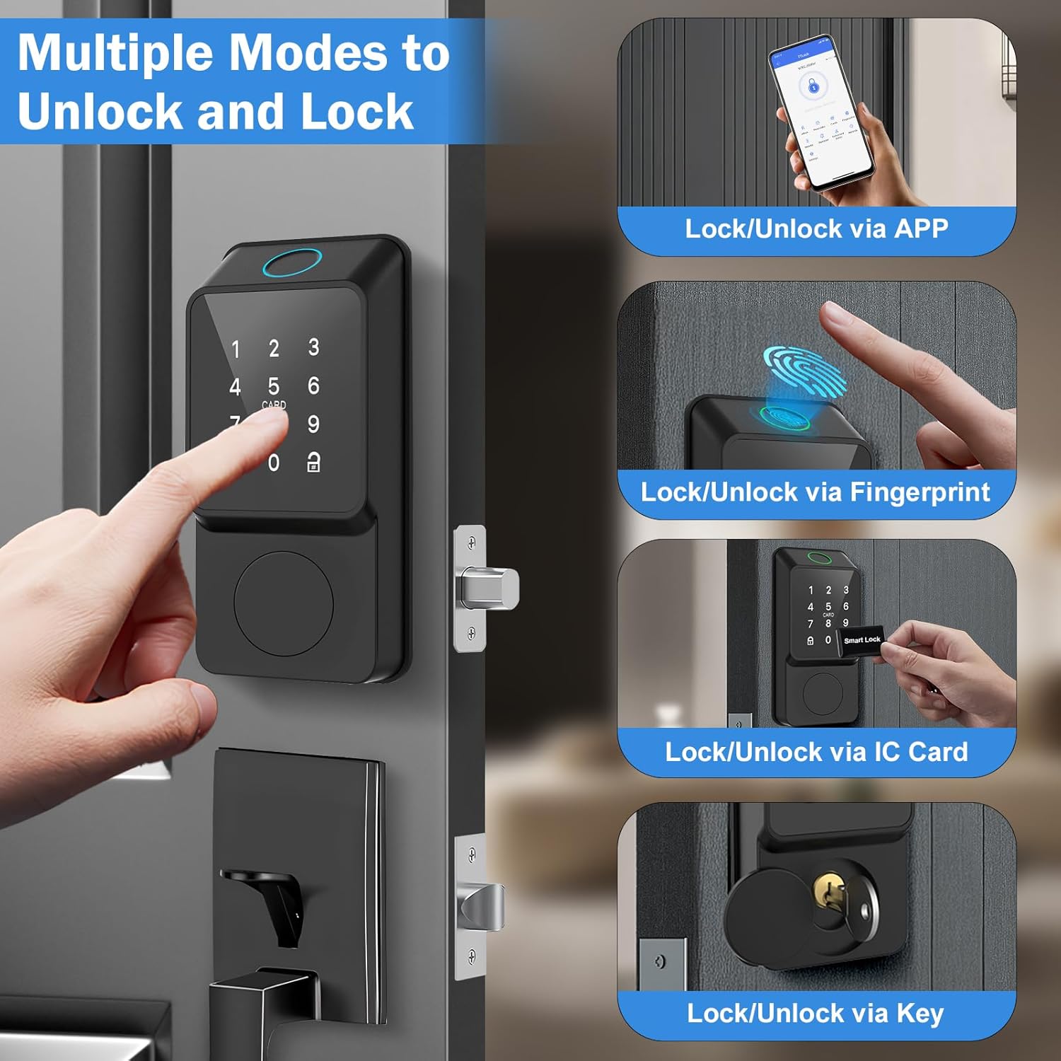 Smart Door Lock Keyless Entry with Handles TTLock APP Fingerprint Touchscreen Keypad IC Card Key Type-C Charging Unlocking 6 in 1 Electric Biometric Digital Deadbolt for Front Doors Apartment
