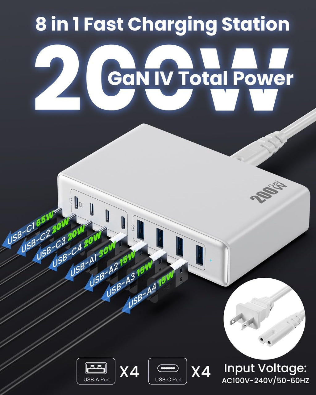 200W USB C Charger Block,GaN IV Charging Station 8 Ports,QC4.0 Fast Charging Station Hub+PD 65W USB C Laptop Charger Adapter Compatible with MacBook Air/Pro,DELL,iPhone 17/16/15,iPad,Steam Deck-White