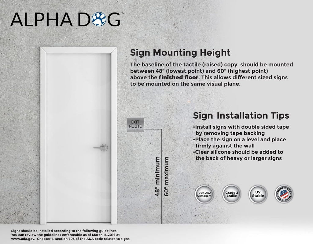 ALPHA DOG ADA SIGNS - Exit Route Sign with Braille for Your Business, 5x6 Inch, ADA Compliant, Indoor or Outdoor, Easy Installation, Made in the USA, Brushed Metal