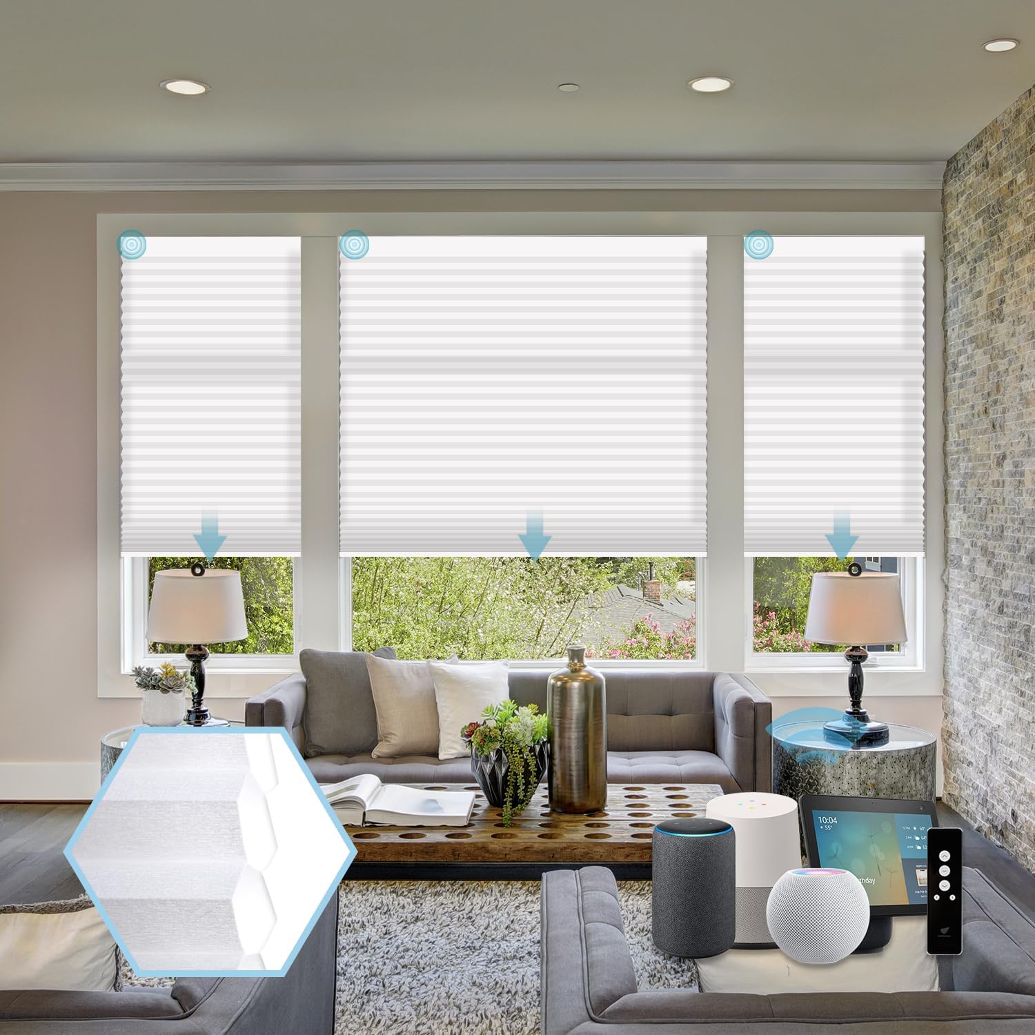 SmartWings Motorized Cellular Shades with Remote, Customized Electric Cordles Honeycomb Blinds Compatible with Alexa/Homekit/Google for Windows, 60% Blackout Single Cell White