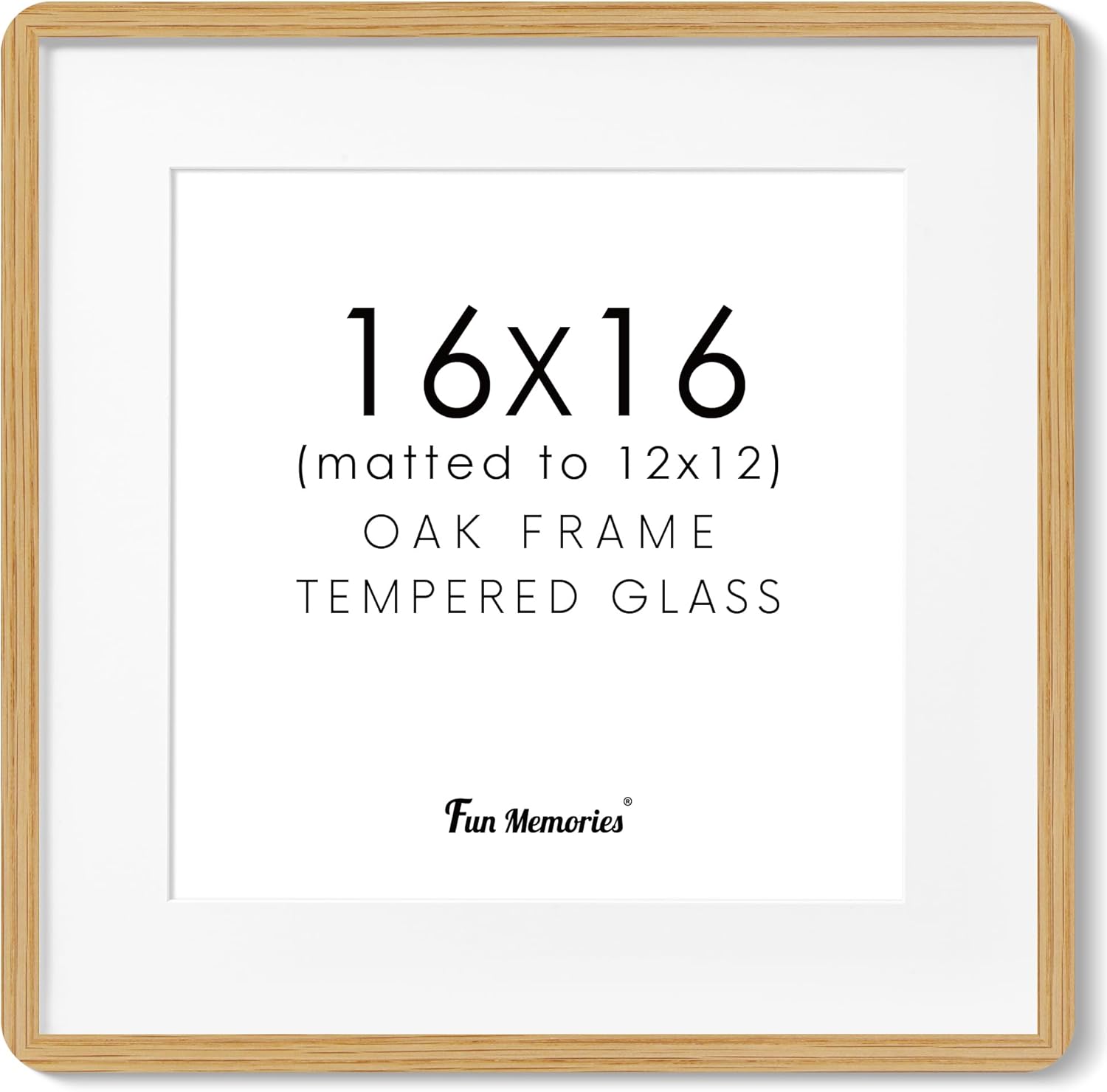 16x16 Picture Frame, Square 16 by 16 Frames for Wall - Solid Oak Wood & Tempered Glass, 16 x 16 Wood Frame Matted to 12 x 12, Square Picture Frame 16"x16" for Home Decor, Natural Oak Color, 1 Pack