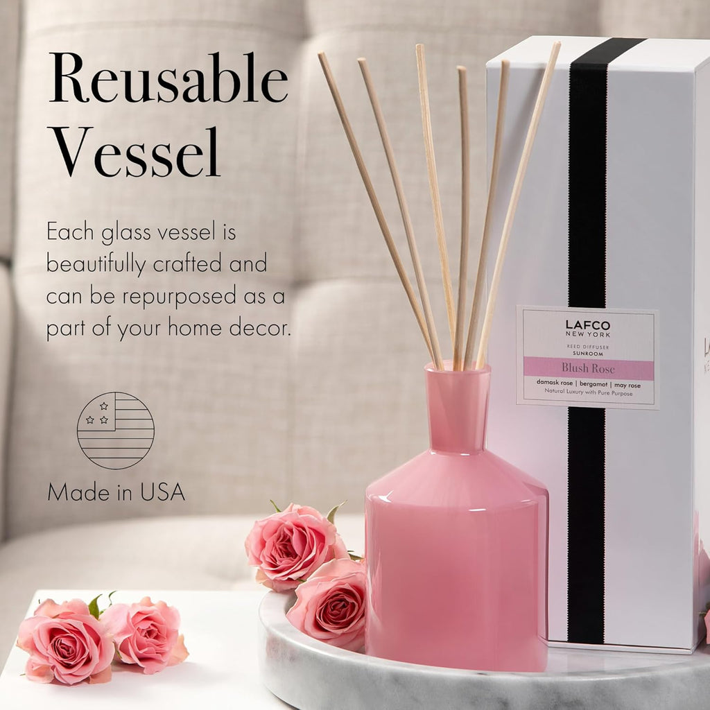 LAFCO New York Classic Reed Diffuser, Blush Rose - 6 oz - Up to 3 Months Fragrance Life - Reusable Glass Vessel - Natural Wood Reeds - Made in The USA