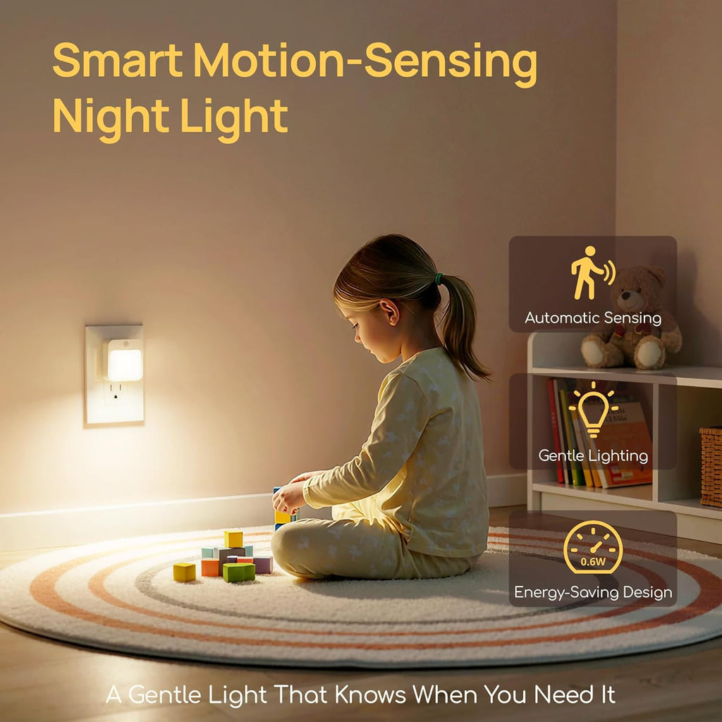 Plug-in Night Light with Motion Sensor, Dusk-to-Dawn Light Sensor, Stepless Dimming LED Night Lights for Bedroom, Hallway, Bathroom, Kids Room, Energy Efficient, 4-Pack