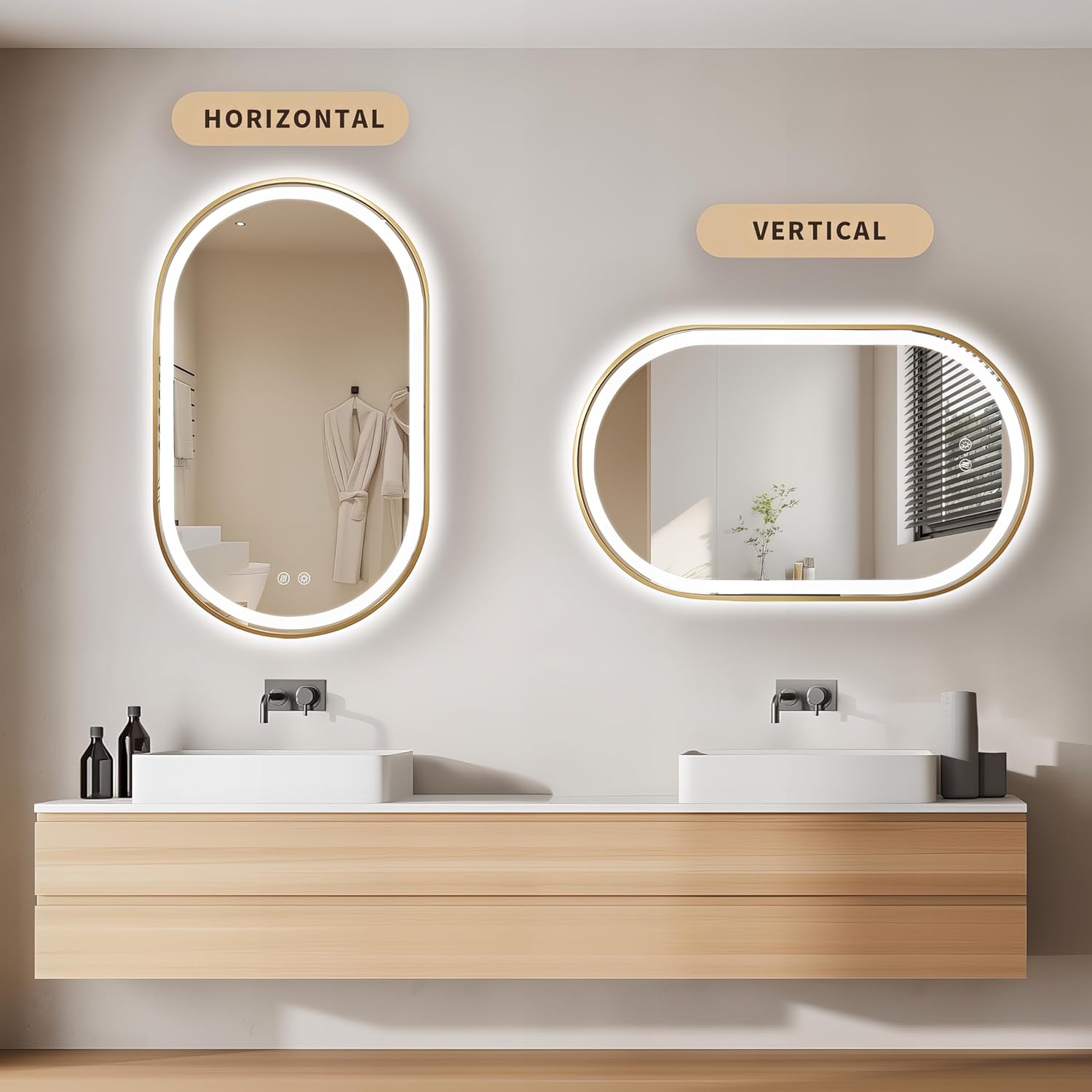 Niccy Oval LED Mirror for Bathroom, 40x24 Front Lit + Backlit Vanity Mirrors with Light Anti-Fog, Shatter-Proof, 3 Colors, Makeup Mirror with Gold Frame (Horizontal/Vertical)