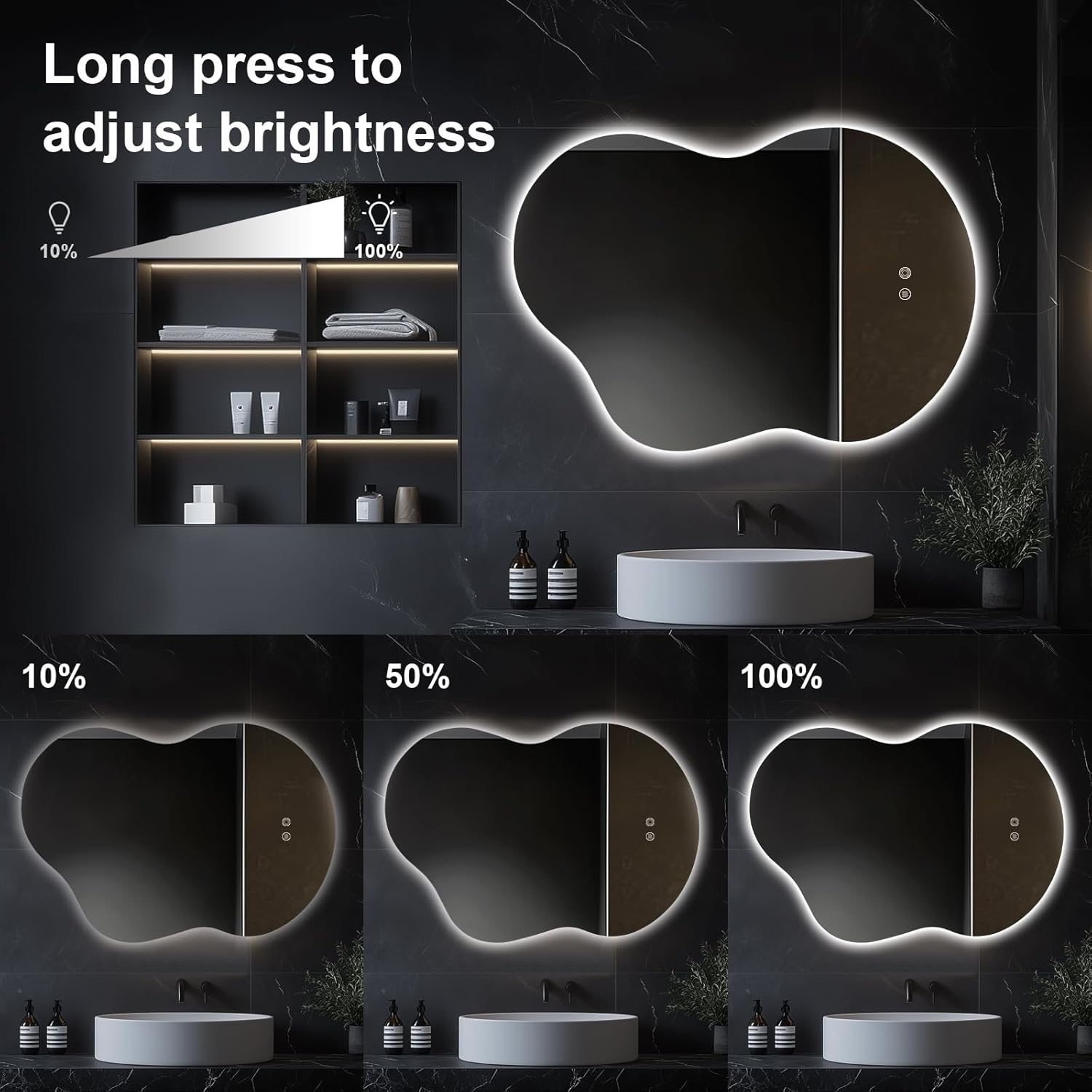 40"x30" Asymmetrical LED Bathroom Wall Mirror with Dual Lighting, Anti-Fog Pad, Dimmable Brightness & 3 Color Temperatures [Horizontal/Vertical]