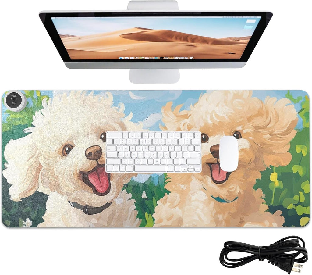 Heated Desk Pad Mouse Pad 31.5x13 Inch PU Leather Desk Mat with 3 Heat Levels Large Mouse Gaming Computer Laptop Mat Spring Running Poodle Dogs